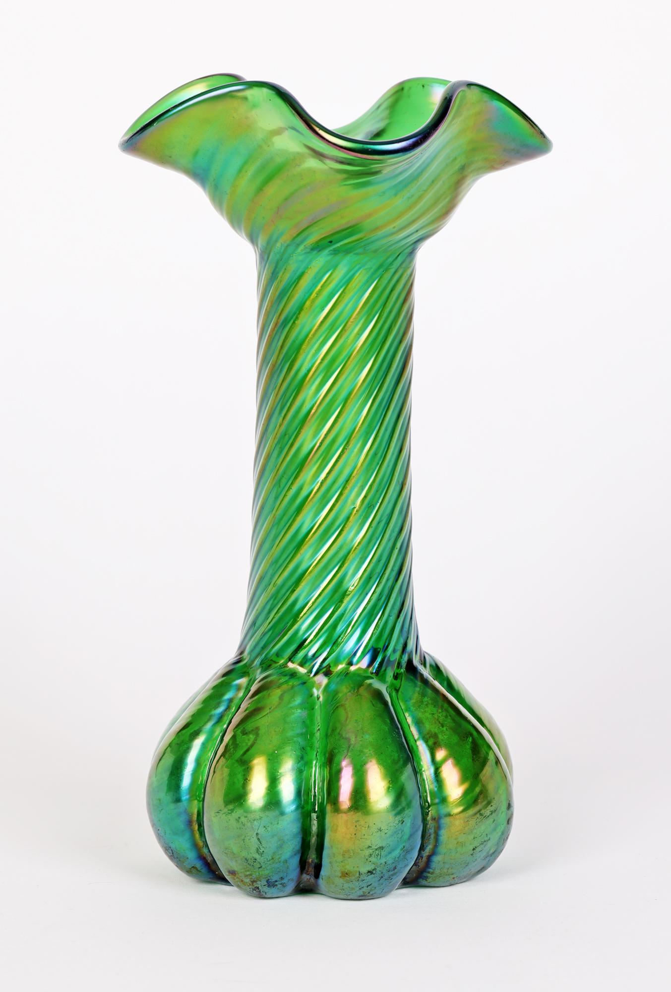 Early 20th Century Kralik Loetz Style Iridescent Flower Bud Green Glass Vase c.1900    For Sale