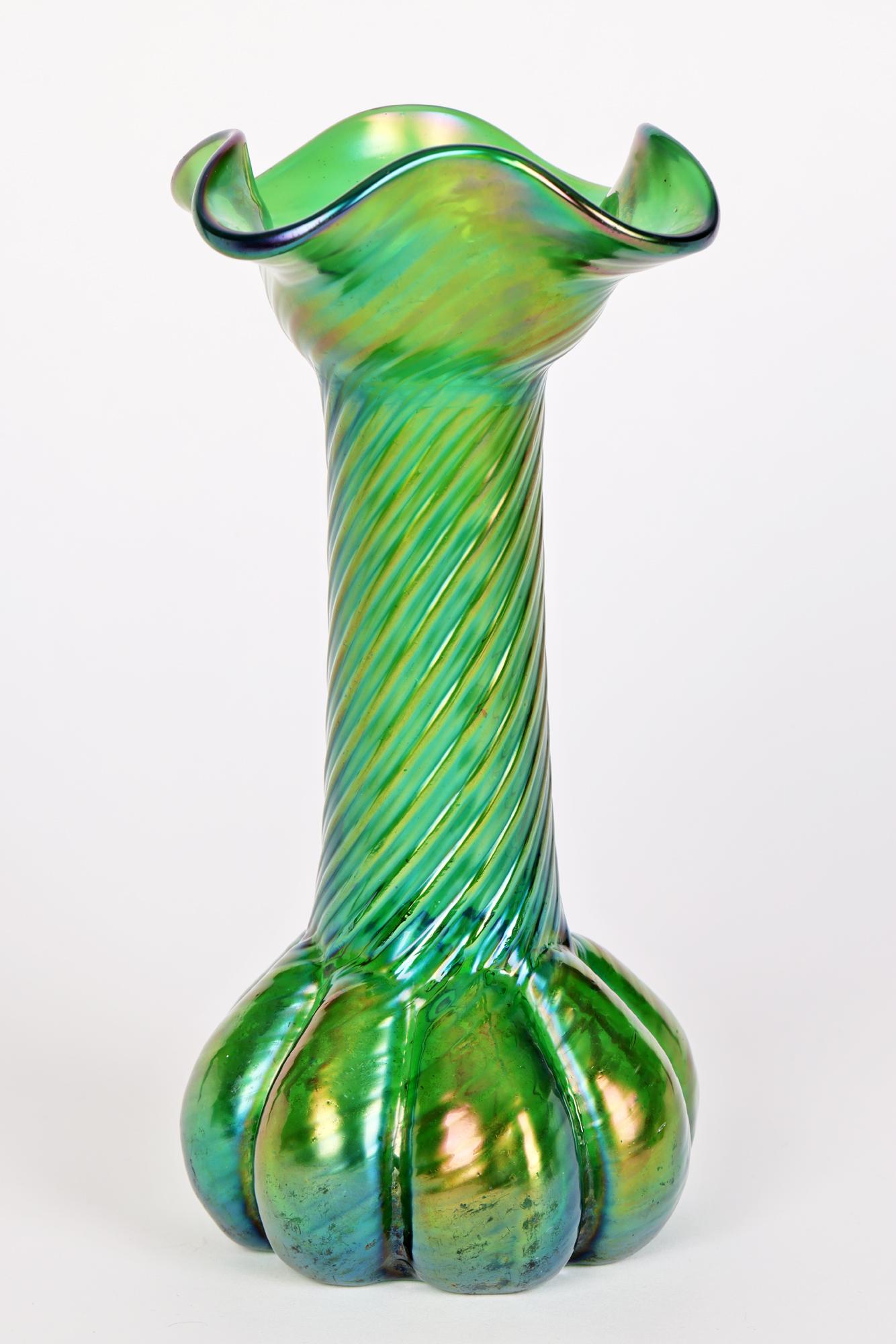 Kralik Loetz Style Iridescent Flower Bud Green Glass Vase c.1900    For Sale 2