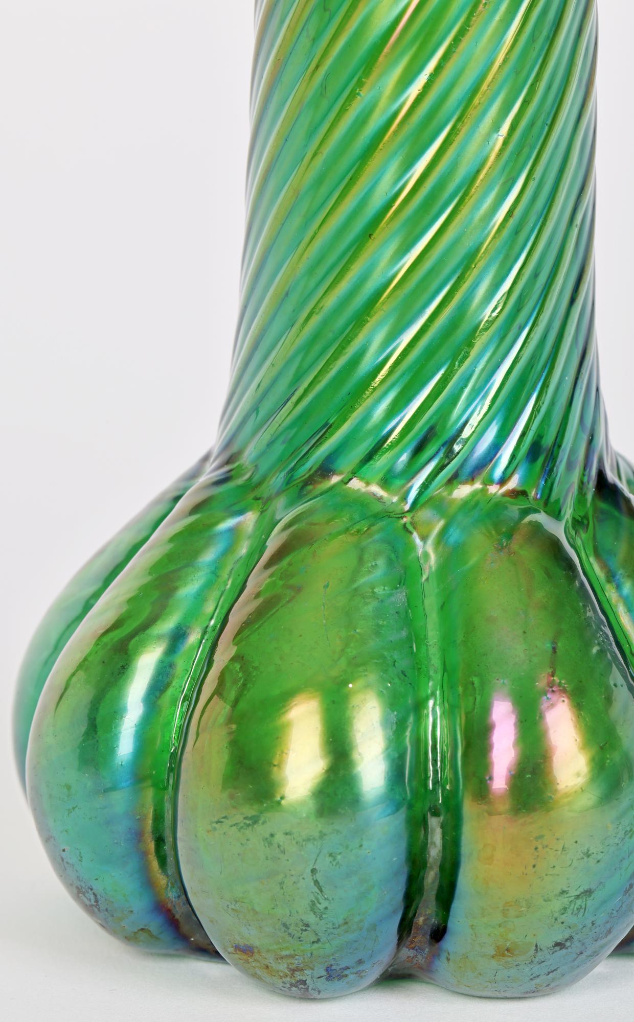 Austrian Kralik Loetz Style Iridescent Flower Bud Green Glass Vase c.1900    For Sale