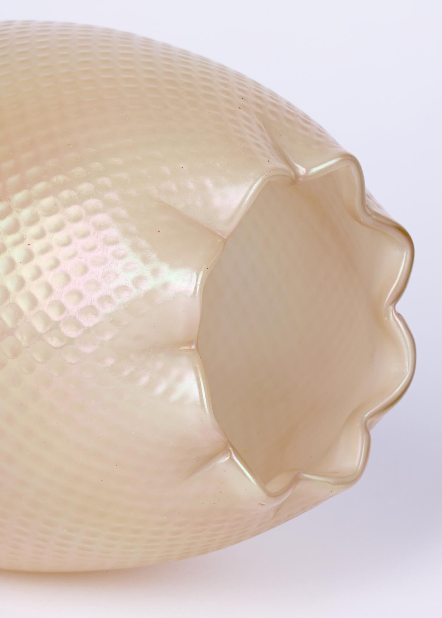 Blown Glass Kralik/Loetz White Opalescent Textured Art Glass Vase For Sale