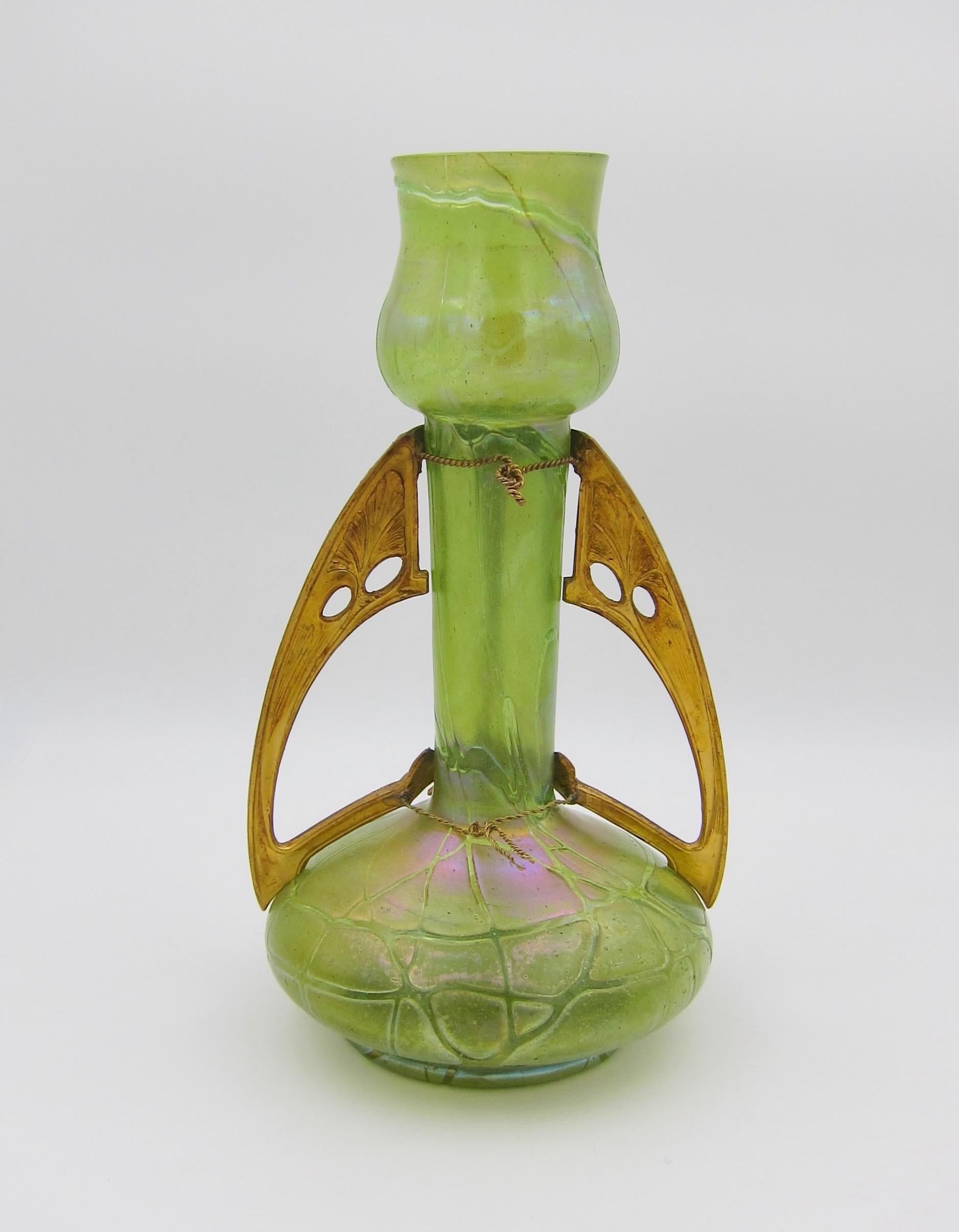 Kralik Pampas Iridescent Green Glass Vase with Art Nouveau Gilt Metal Mount 1