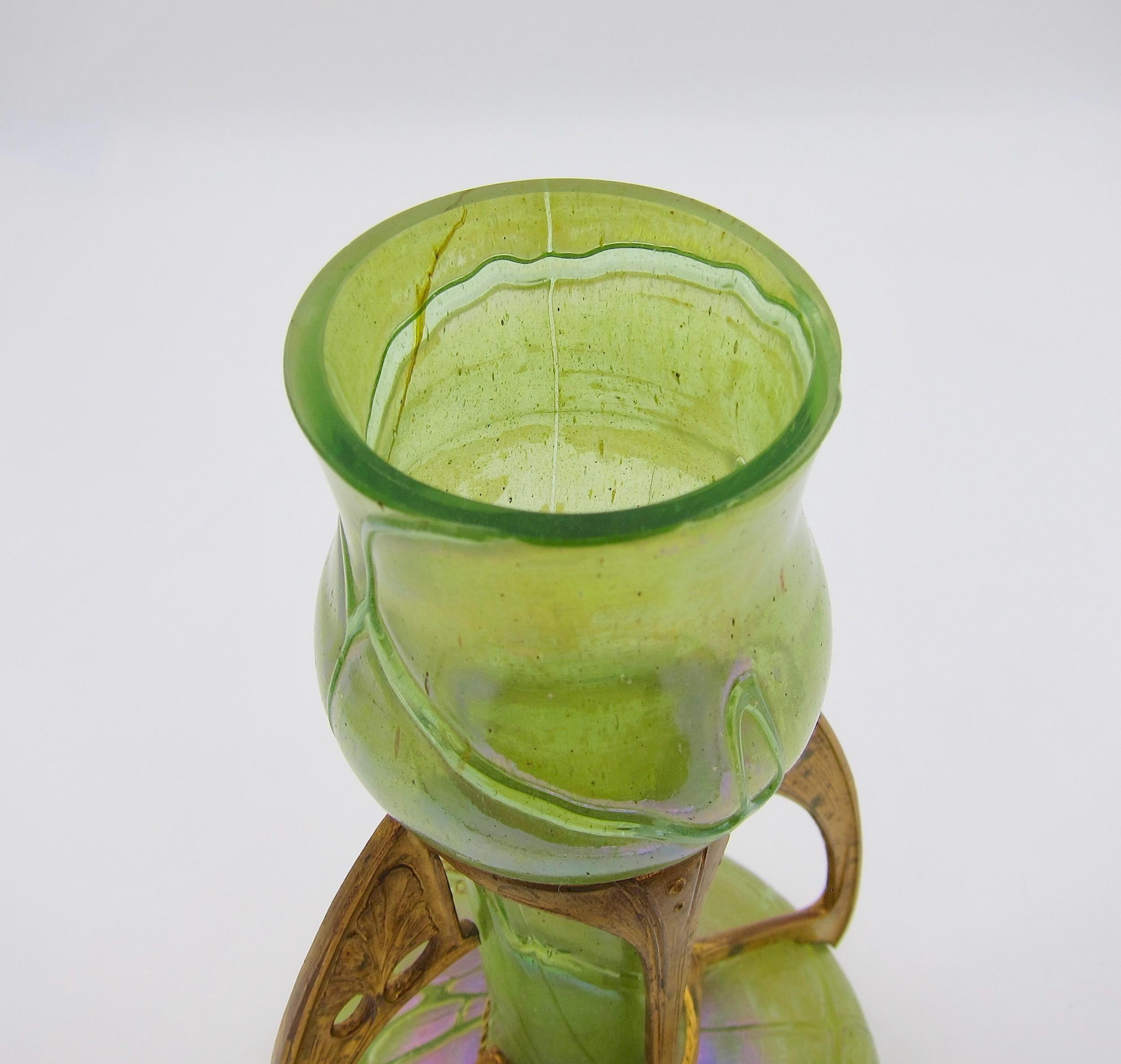 Austrian Kralik Pampas Iridescent Green Glass Vase with Art Nouveau Gilt Metal Mount
