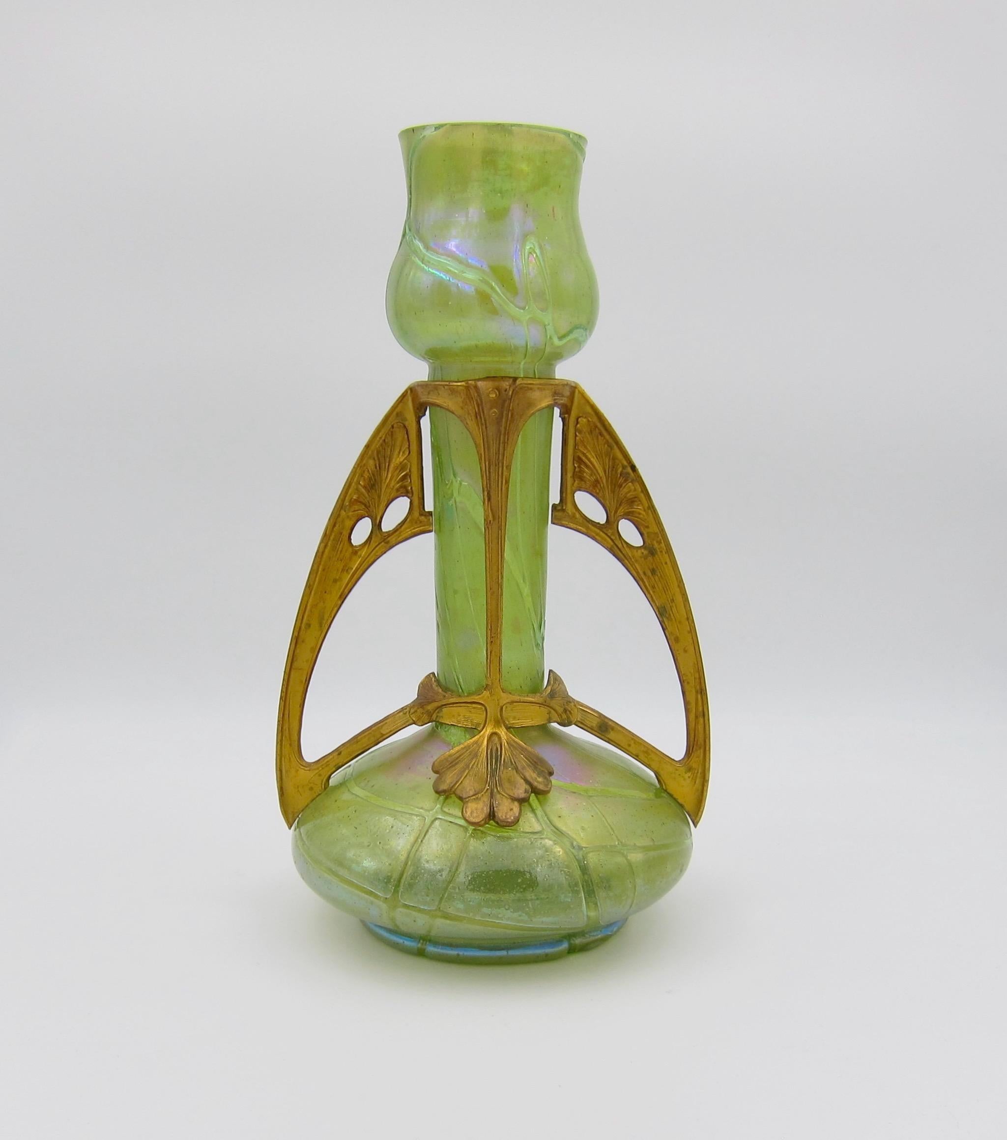 Art Glass Kralik Pampas Iridescent Green Glass Vase with Art Nouveau Gilt Metal Mount