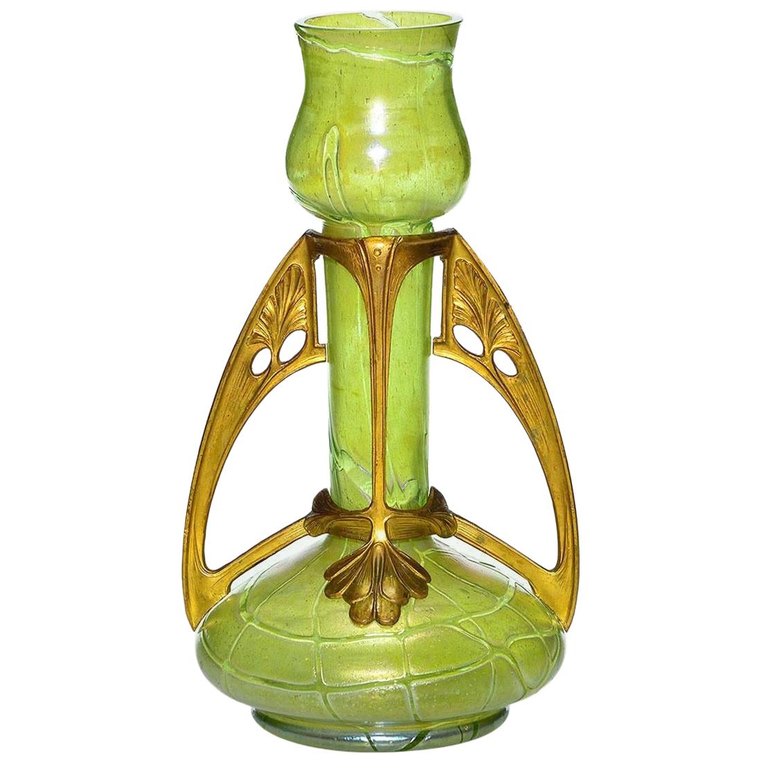 Kralik Pampas Iridescent Green Glass Vase with Art Nouveau Gilt Metal Mount
