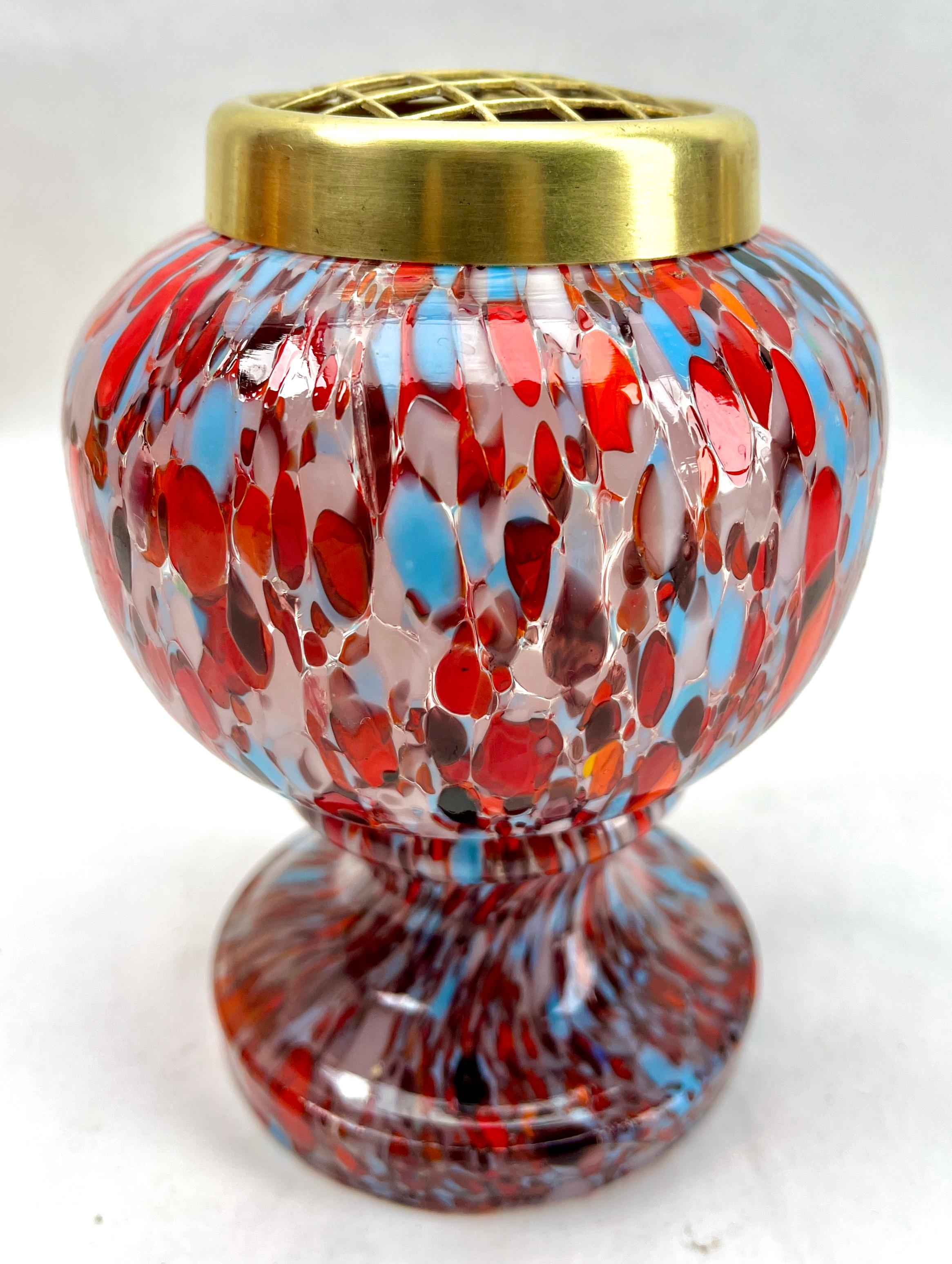 Art Glass Kralik 'Pique Fleurs'  Vase, in Multi Color Decor with Grille, Late 1930s For Sale