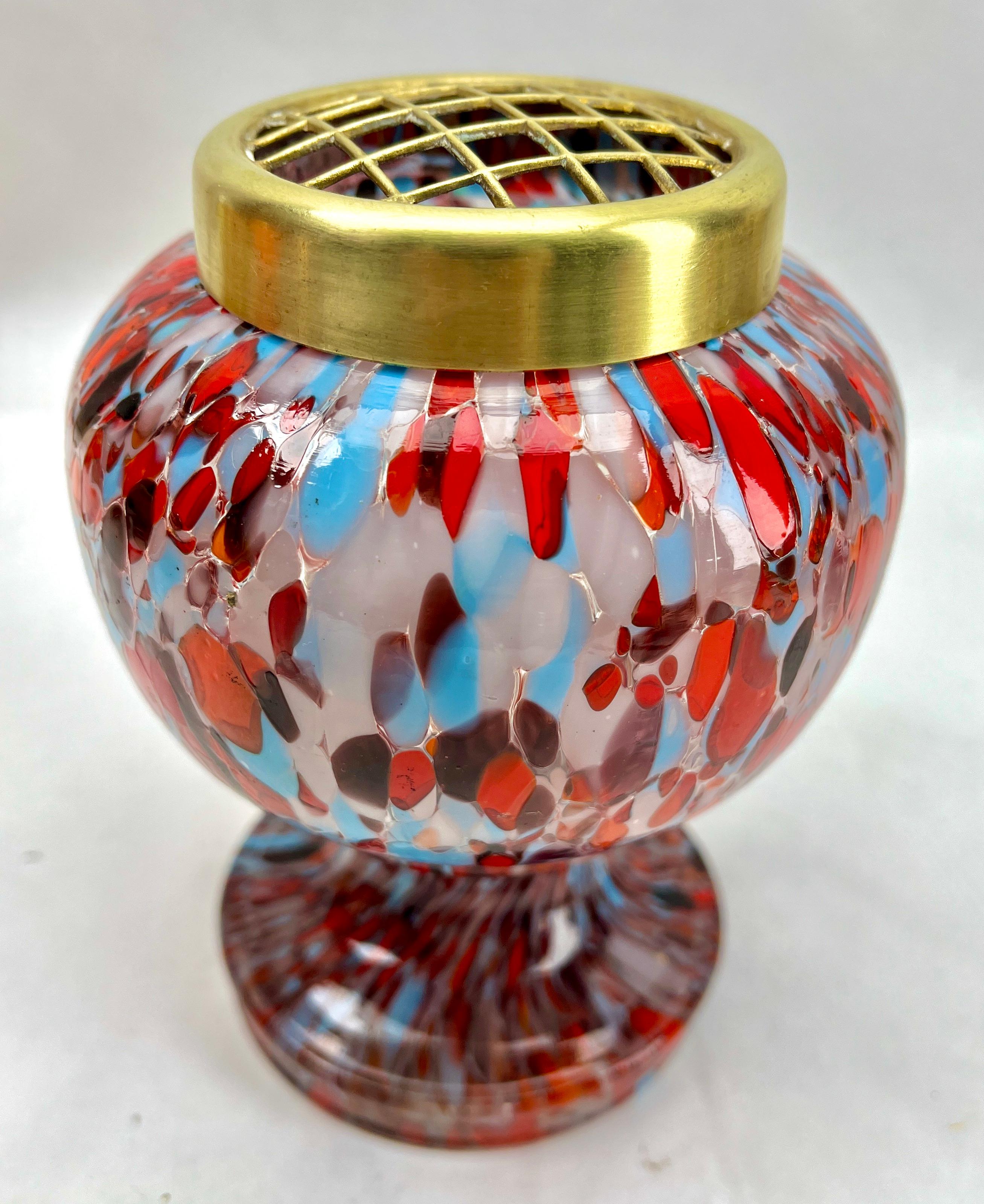 Belgian Kralik 'Pique Fleurs'  Vase, in Multi Color Decor with Grille, Late 1930s For Sale