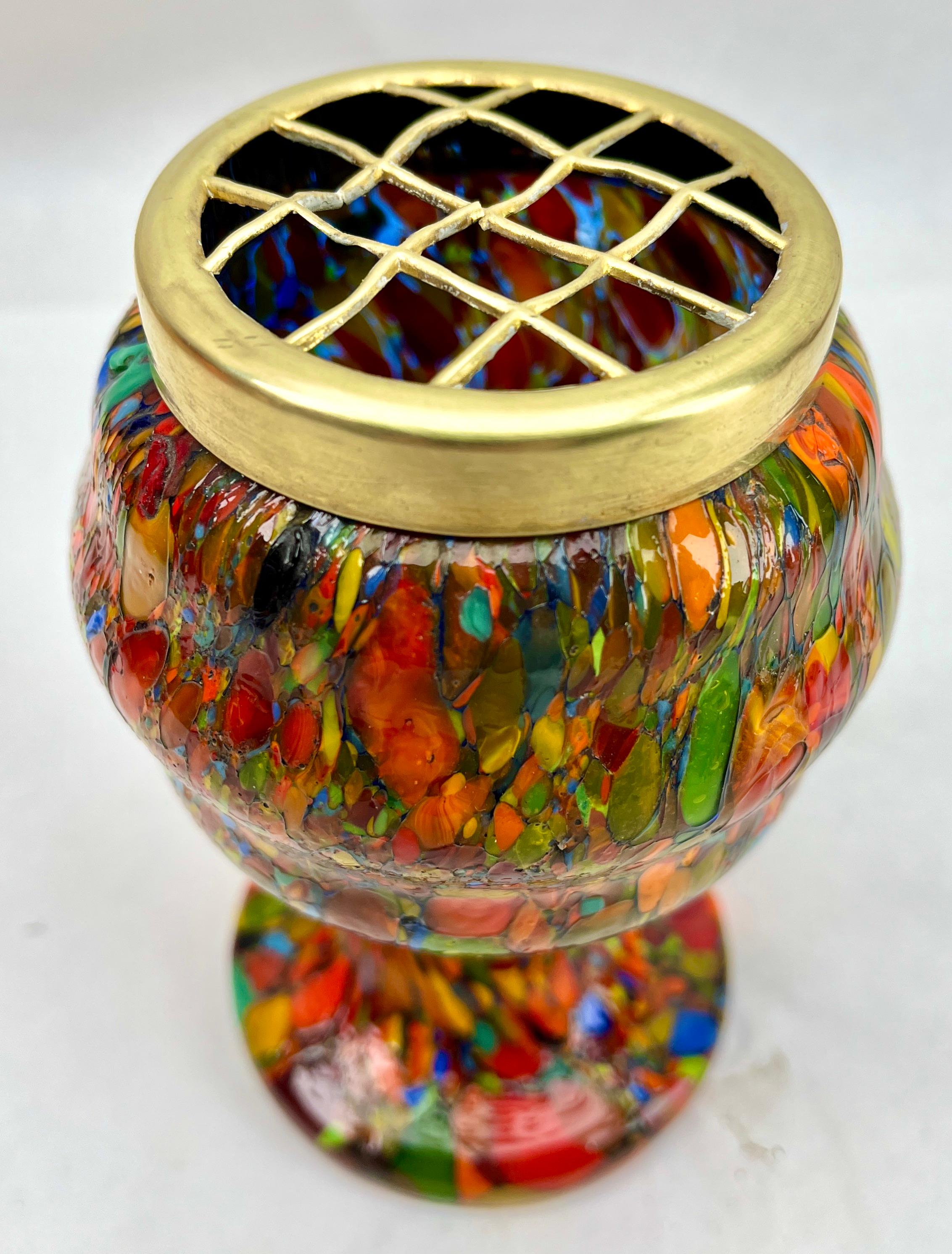 Hand-Crafted Kralik 'Pique Fleurs'  Vase, in Multi Color Decor with Grille, Late 1930s For Sale