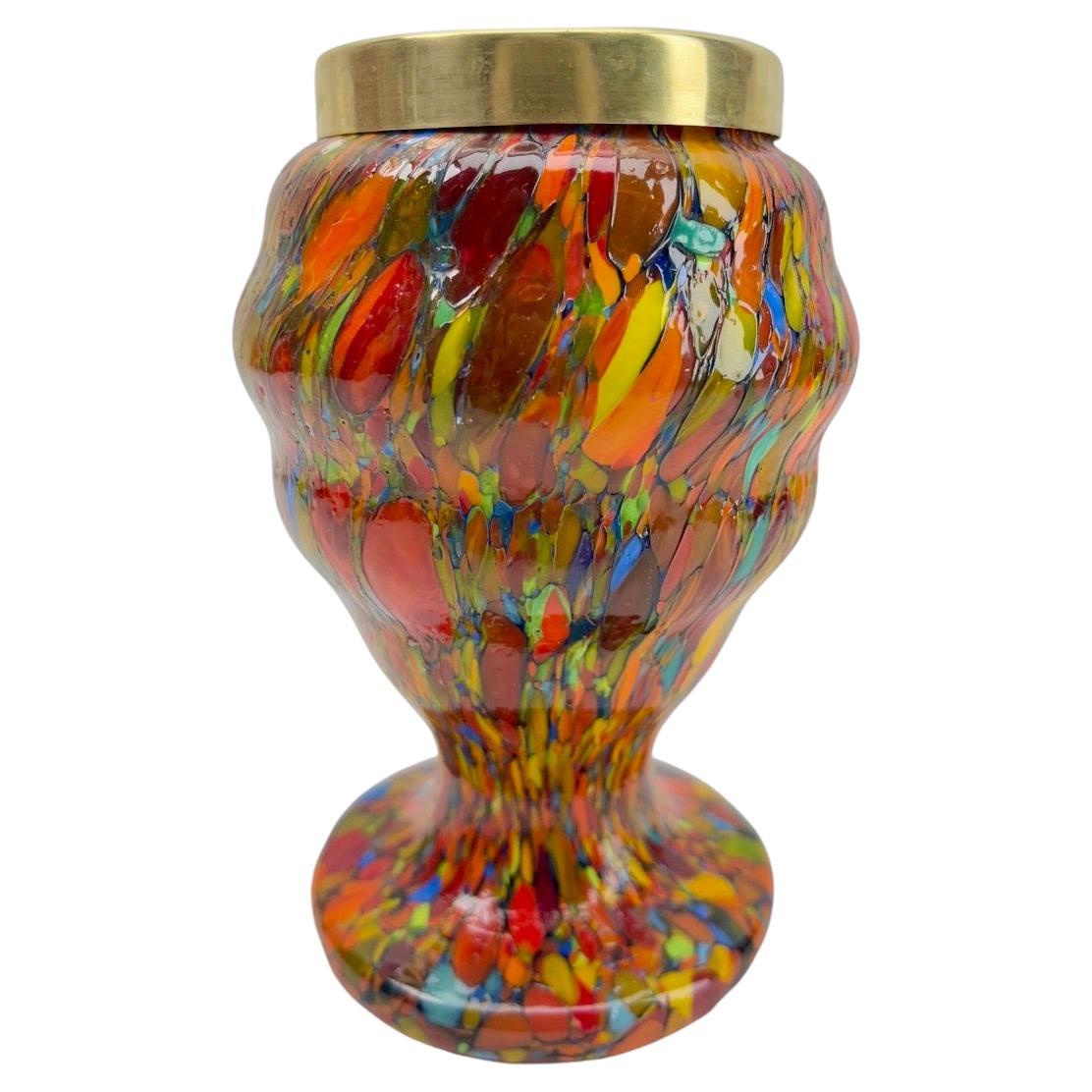 Kralik 'Pique Fleurs'  Vase, in Multi Color Decor with Grille, Late 1930s For Sale