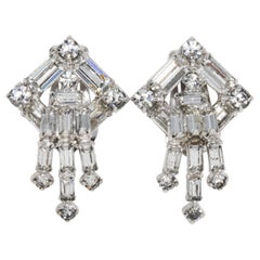 Kramer Art Deco Style Crystal Clip on Dangle Earrings in Silver, Early 1900s