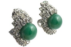 Kramer Faux Jade and Rhinestone Costume Earrings