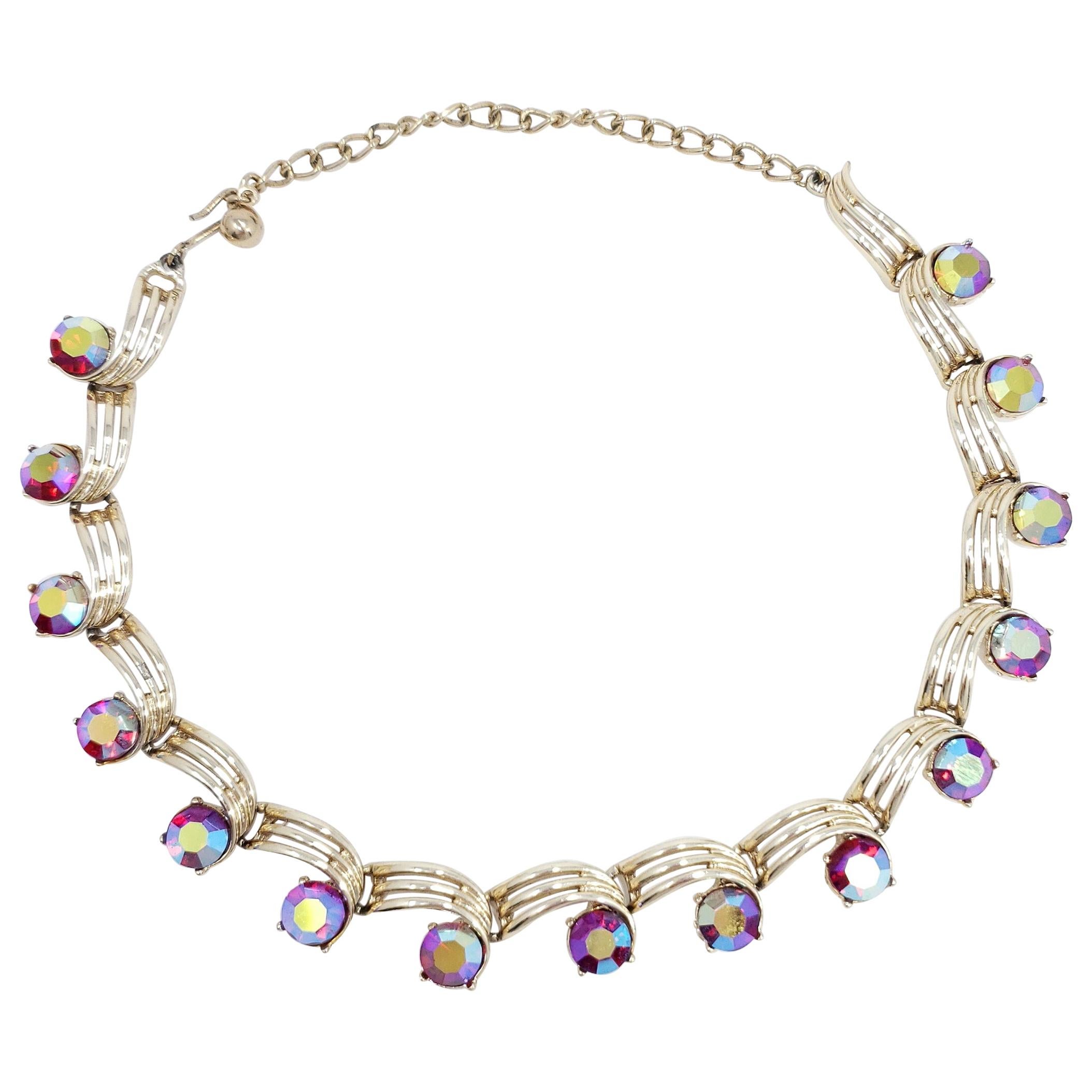 Kramer Gold Ruby Aurora Borealis Crystal Link Collar Necklace, 1950s For Sale