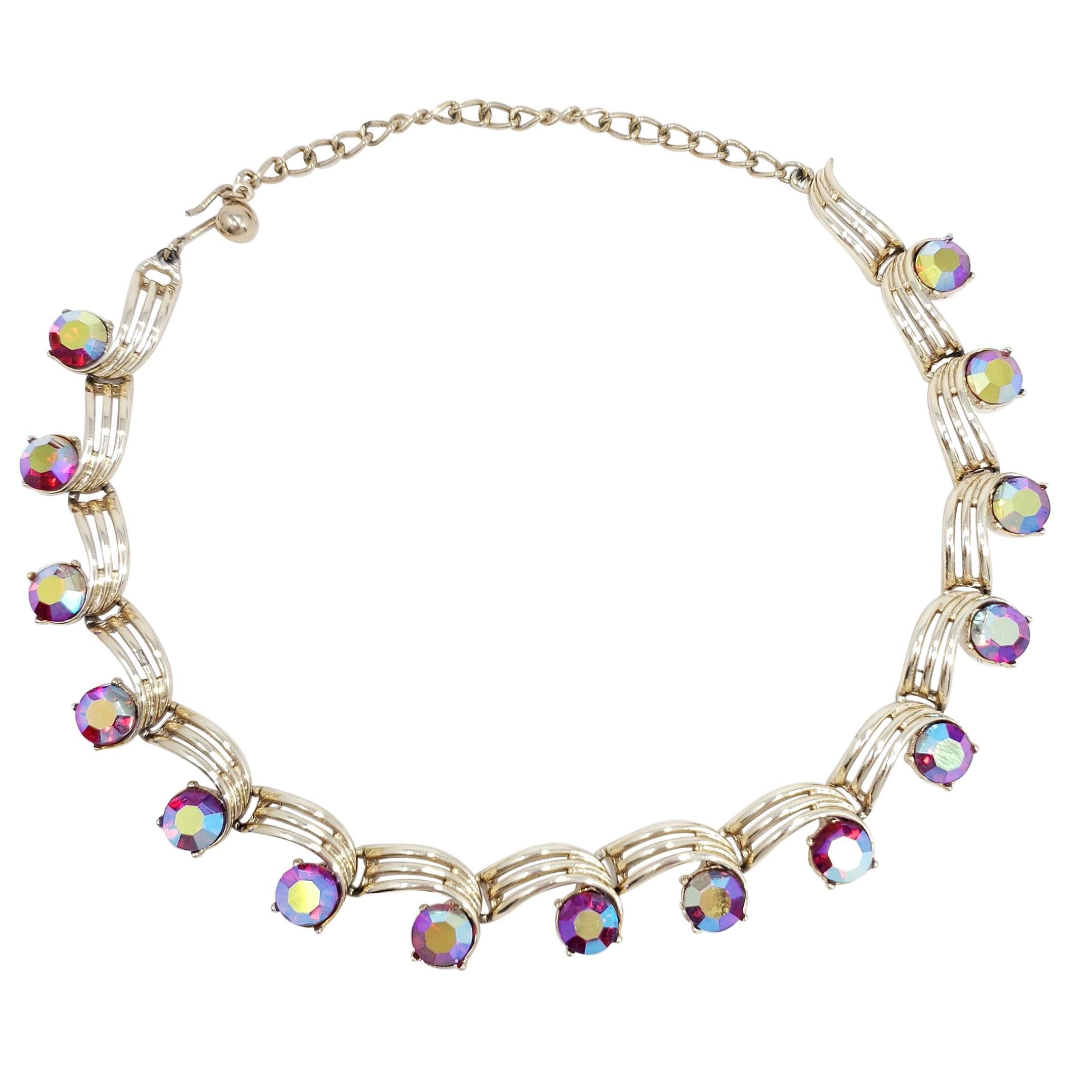 Kramer Gold Ruby Aurora Borealis Crystal Link Collar Necklace, 1950s