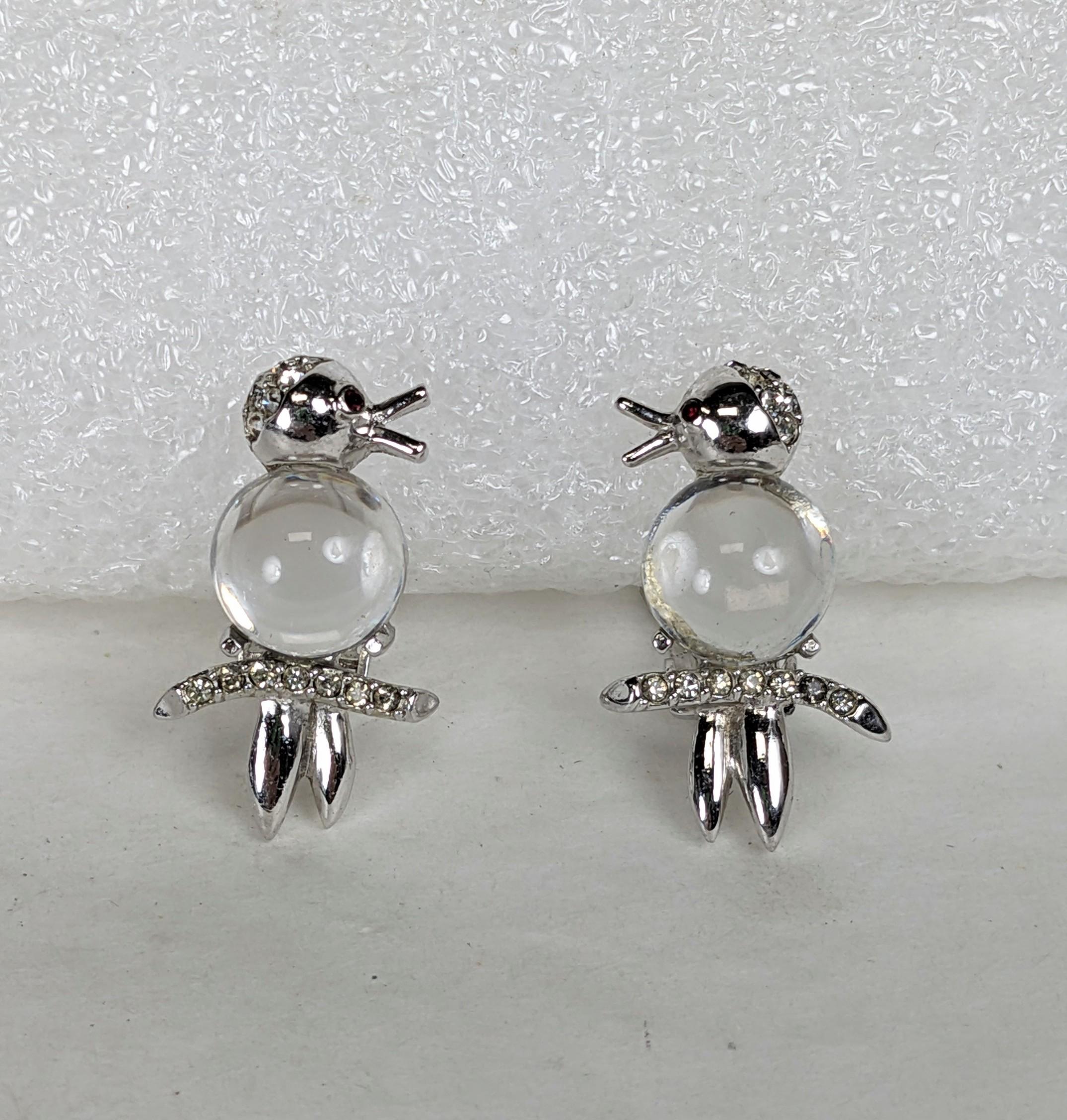 Charming Kramer Jelly Belly Bird Earrings from the 1950's. Tiny birds with pave accents and lucite jelly belly. Clip back fittings, rhodium finish. 1