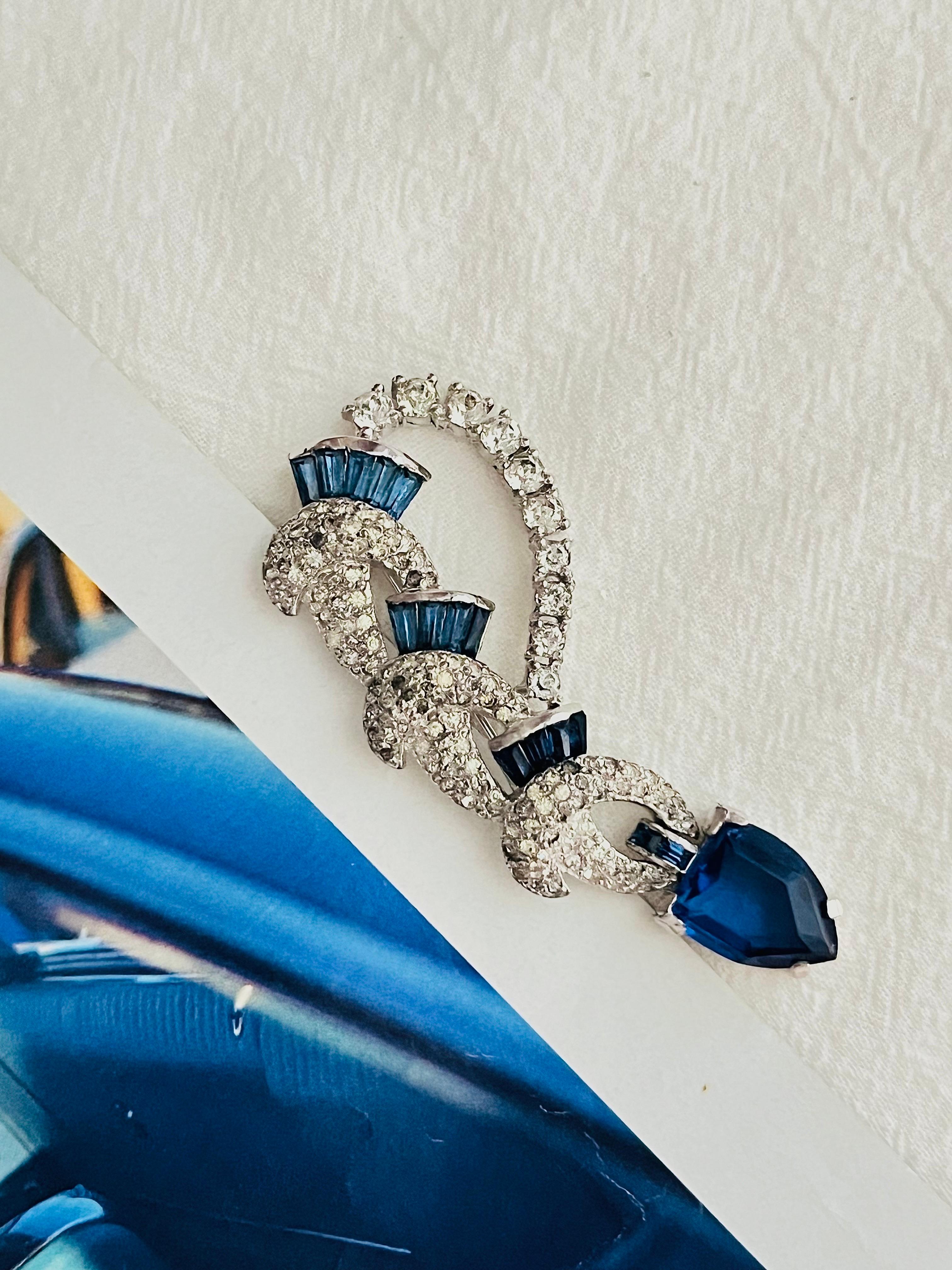 Art Deco Kramer of New York Vintage 1950s Sapphire Navy Crystals Water Drop Knot Brooch