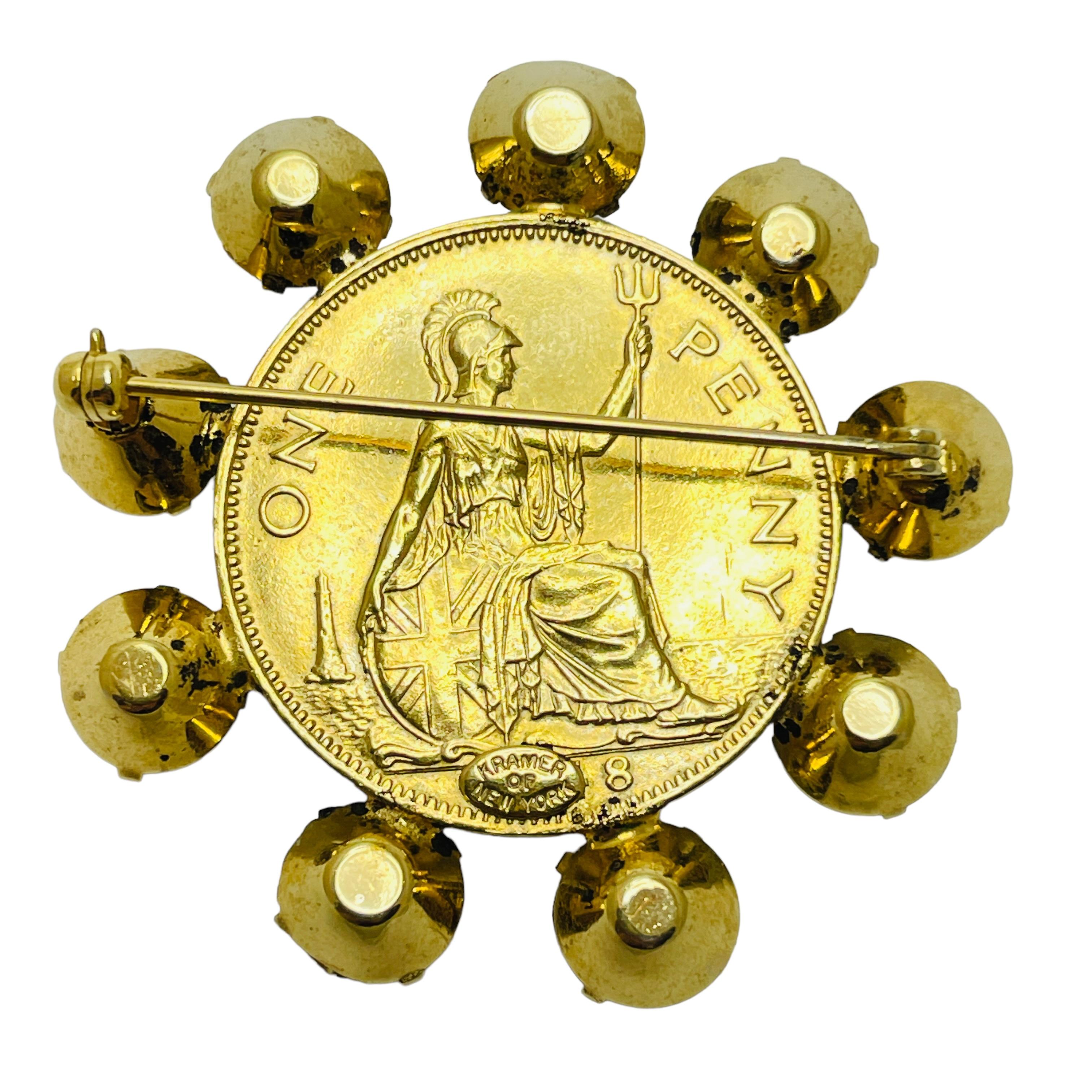 KRAMER of NEW YORK vintage gold one penny coin glass designer brooch In Good Condition For Sale In Palos Hills, IL