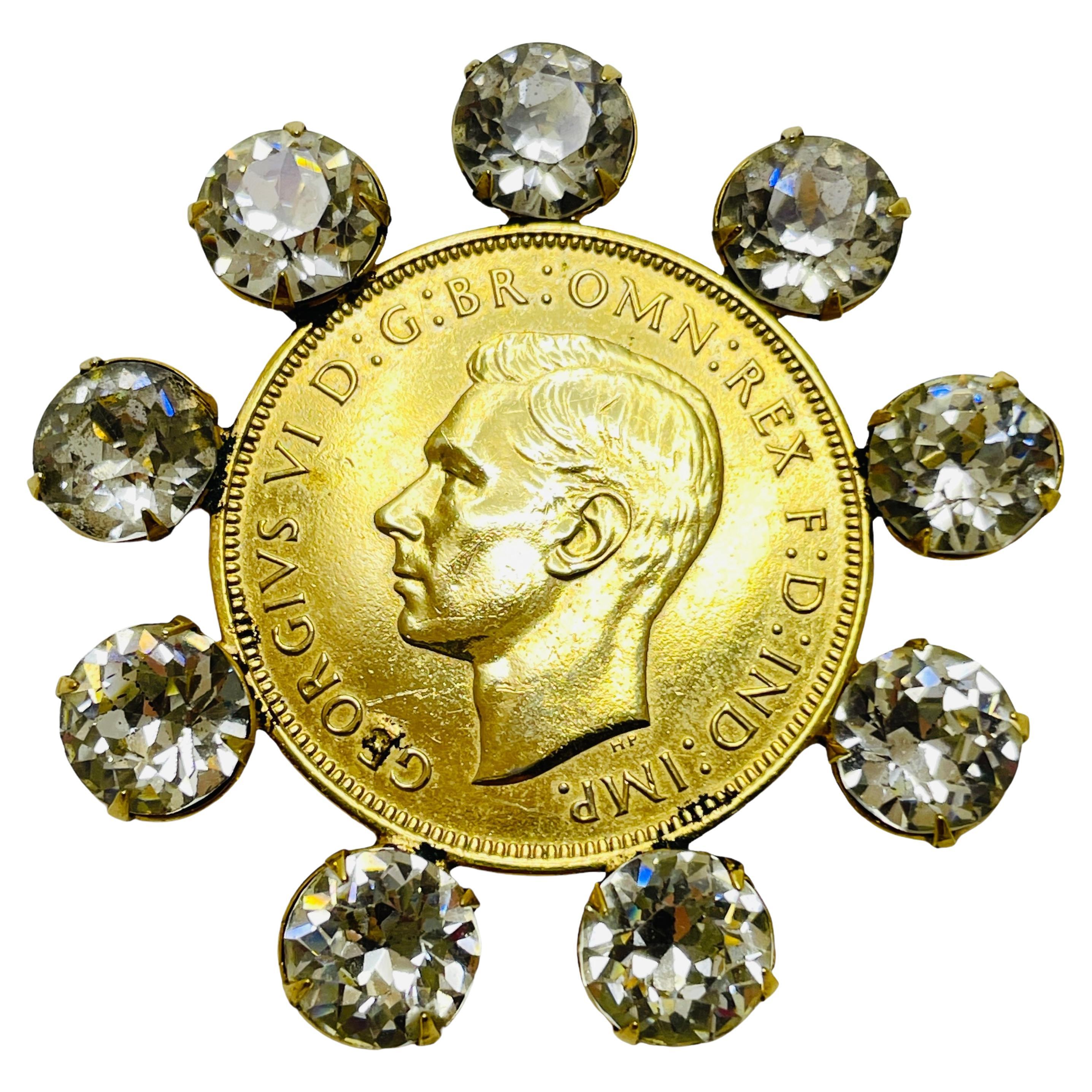 KRAMER of NEW YORK vintage gold one penny coin glass designer brooch For Sale