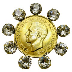 KRAMER of NEW YORK vintage gold one penny coin glass designer brooch