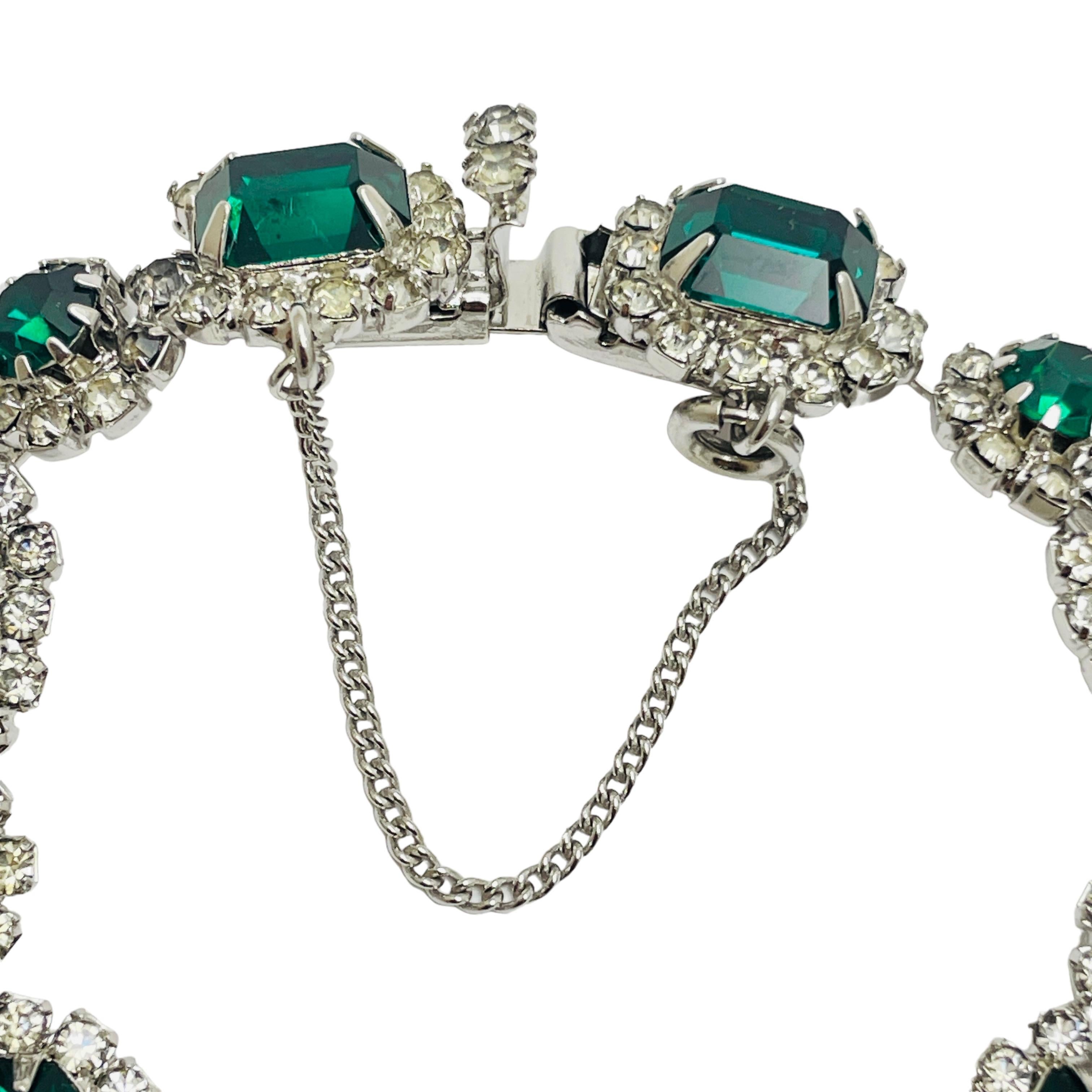 KRAMER OF N.Y. signed vintage silver emerald rhinestones designer bracelet In Good Condition For Sale In Palos Hills, IL