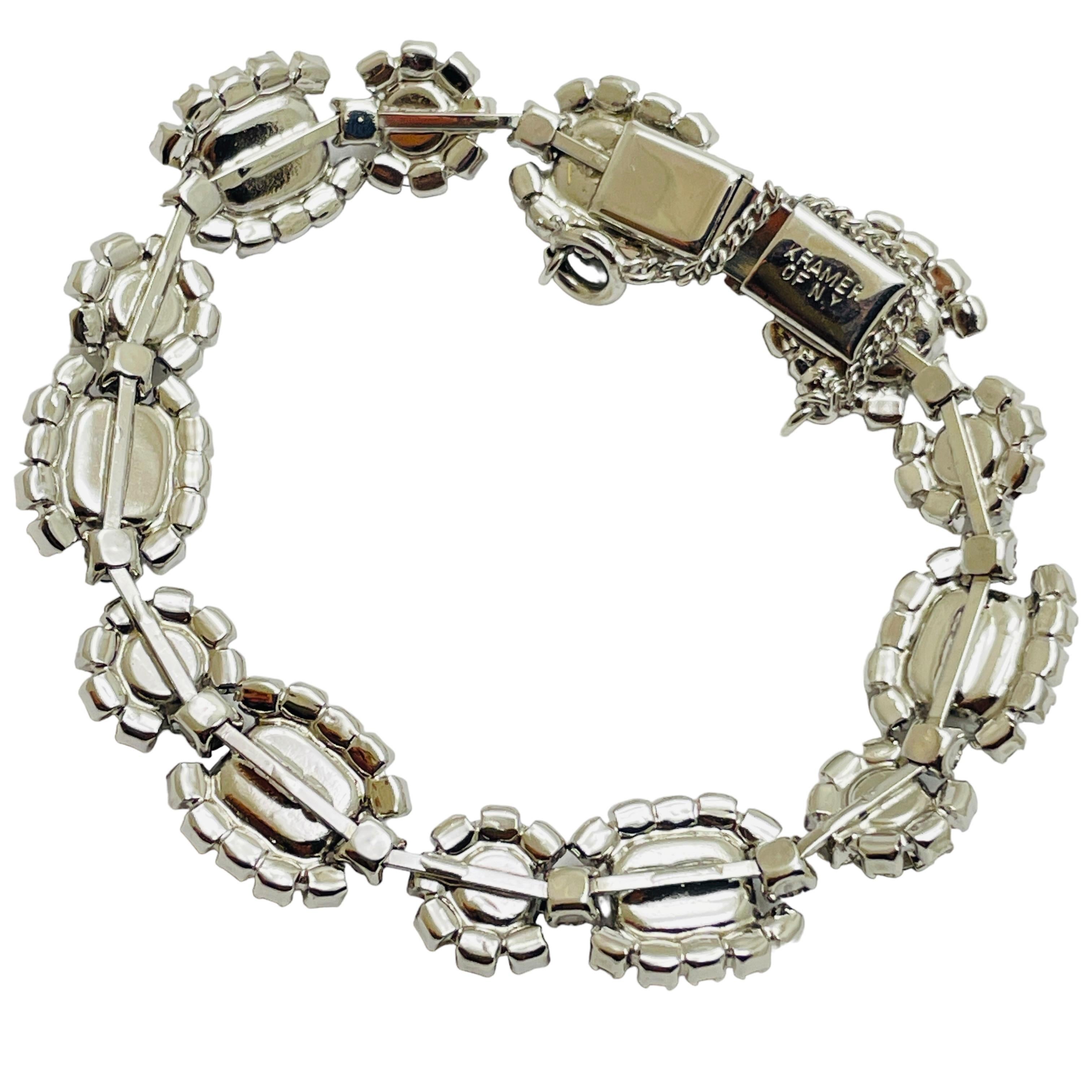 Women's KRAMER OF N.Y. signed vintage silver emerald rhinestones designer bracelet For Sale