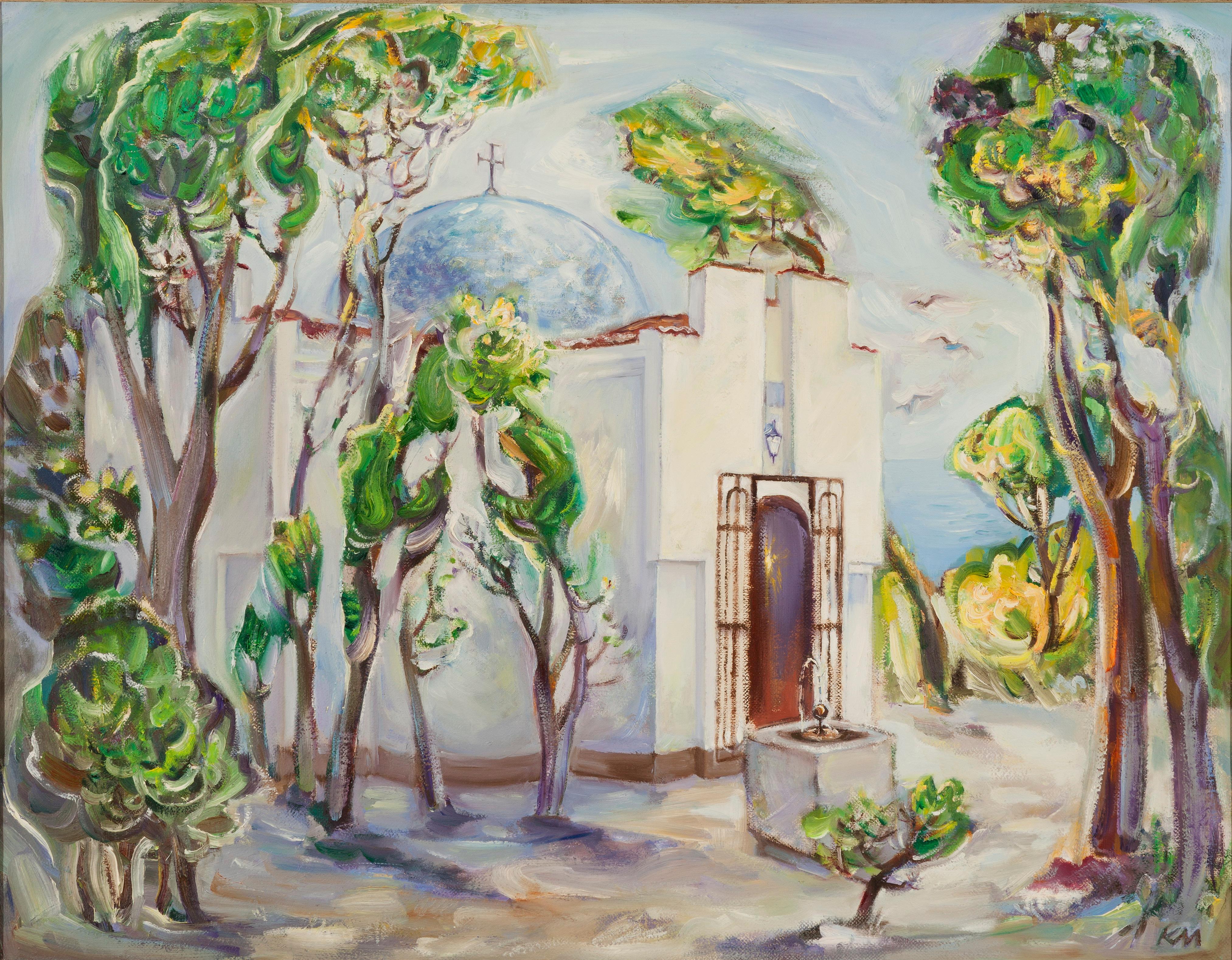 Chapel In The Sea Garden In Varna - Landscape Painting Blue White Green Yellow 