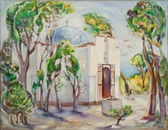 Chapel In The Sea Garden In Varna - Landscape Painting Blue White Green Yellow