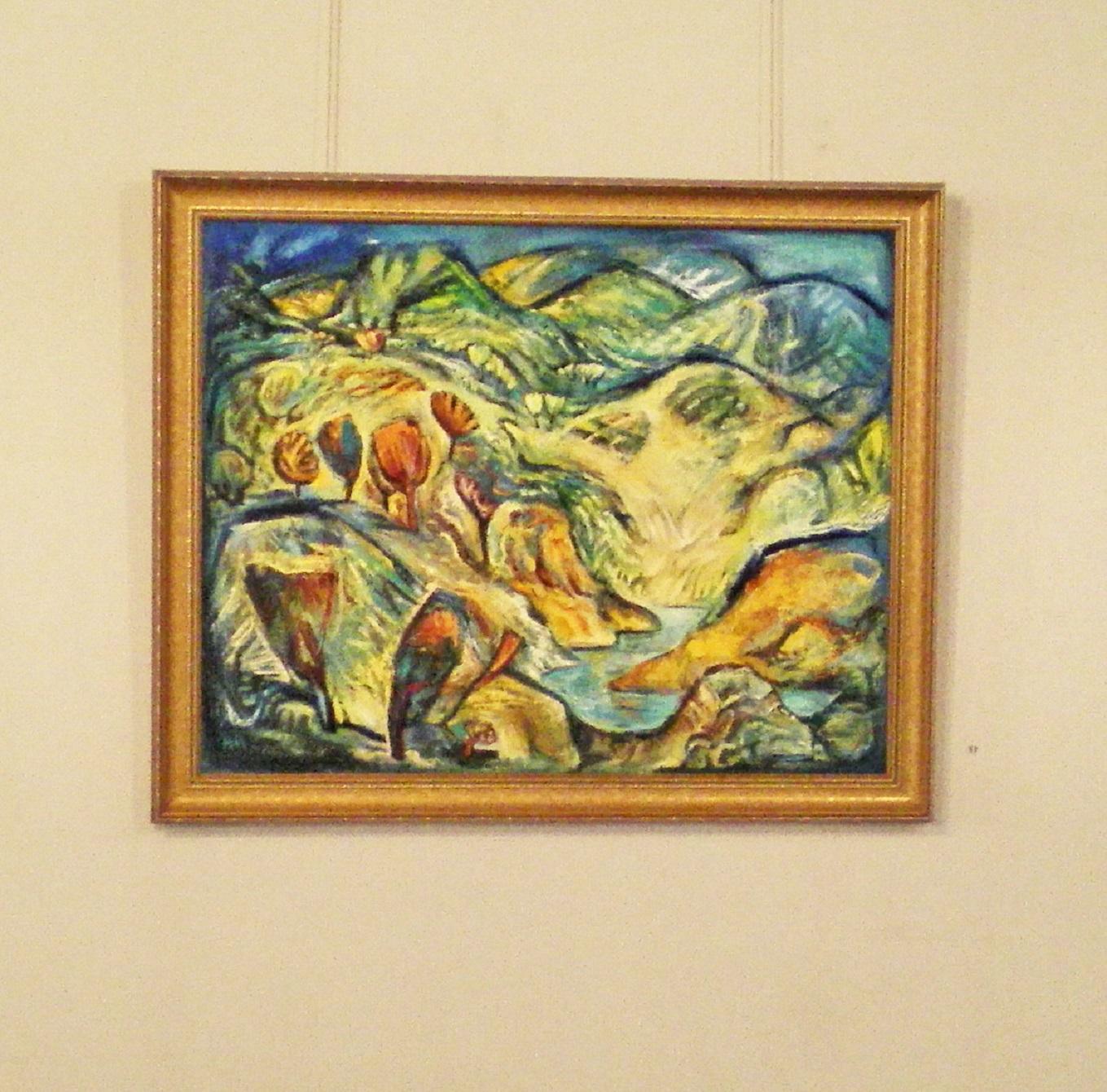 Gola - Pittura di paesaggio Blu Bianco Verde Giallo Marrone - Painting di Krasimira Mihailova