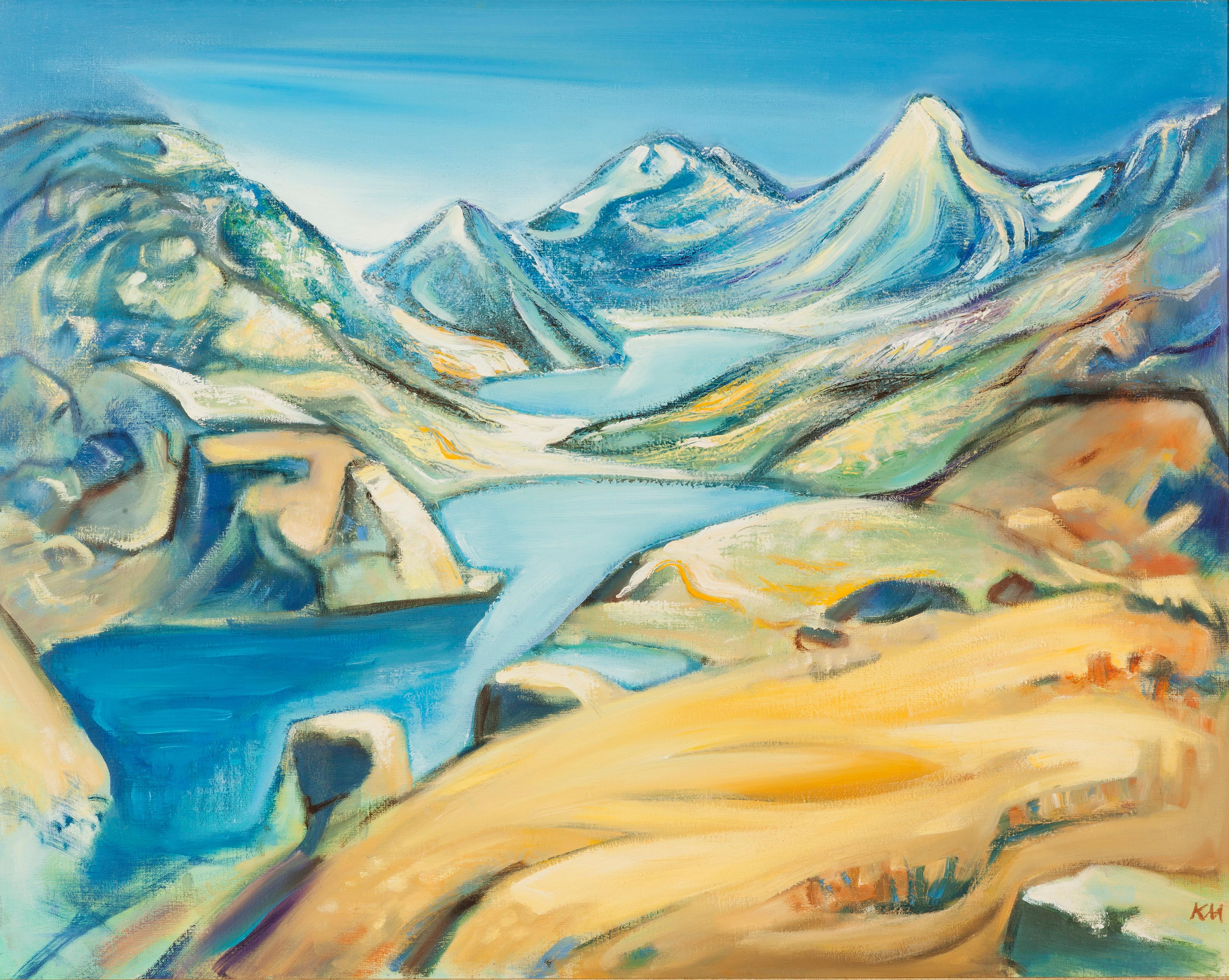 Landscape Painting di Krasimira Mihailova - Laghi e cime - Pittura di paesaggio Blu Bianco Verde Giallo