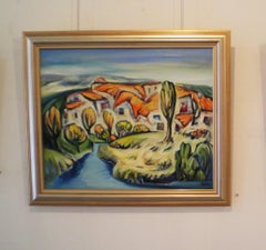 Refugio 4 - Pintura de paisaje Azul Blanco Verde Amarillo Marrón