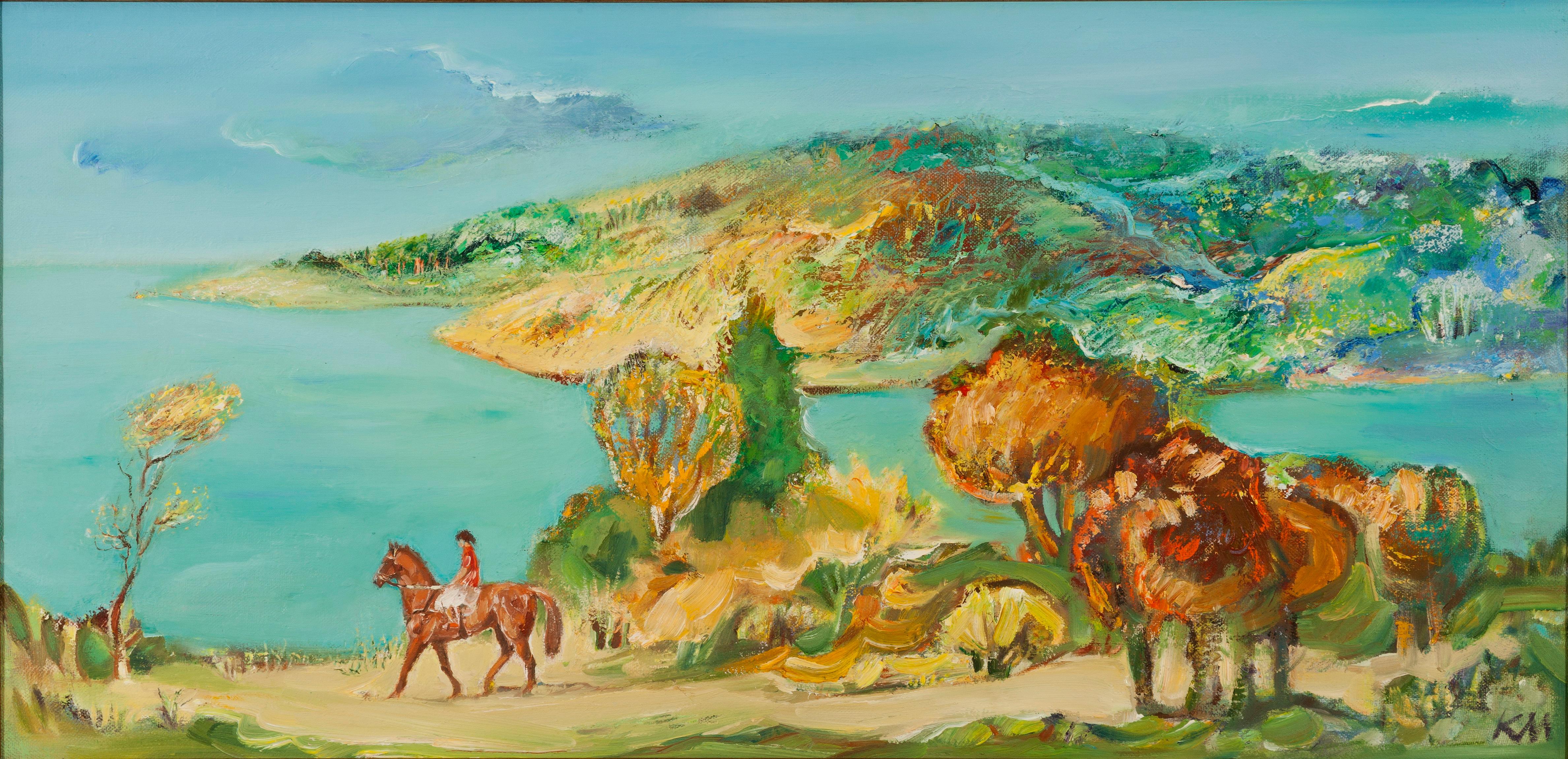 Landscape Painting di Krasimira Mihailova - Passeggiata romantica - Pittura di paesaggio Blu Bianco Verde Giallo Marrone