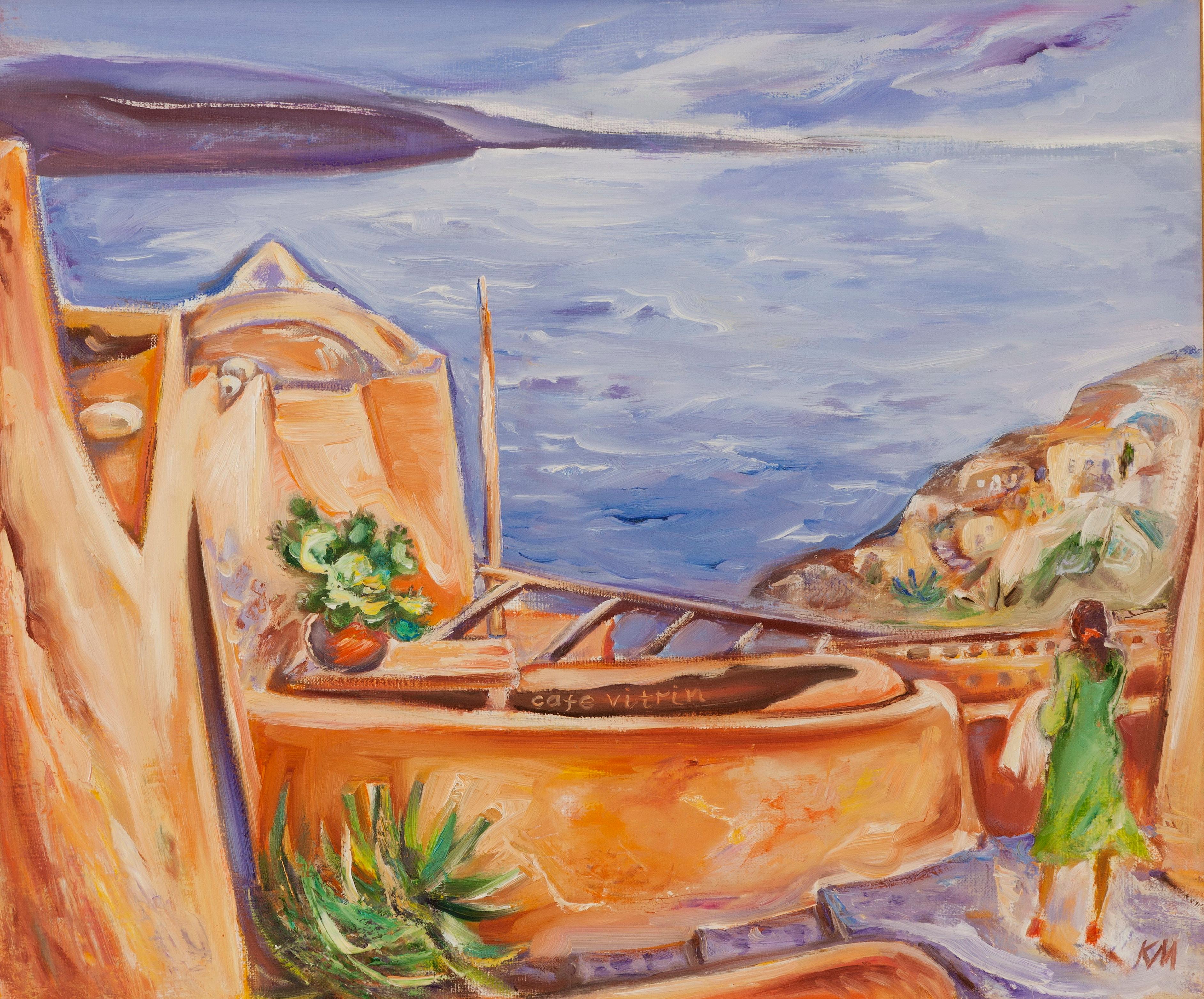 Krasimira Mihailova Landscape Painting – Santorini, Afternoon in Ia - Landschaftsgemälde Blau Weiß Grün Gelb