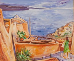 Santorini, Afternoon in Ia - Landscape Painting Blue White Green Yellow