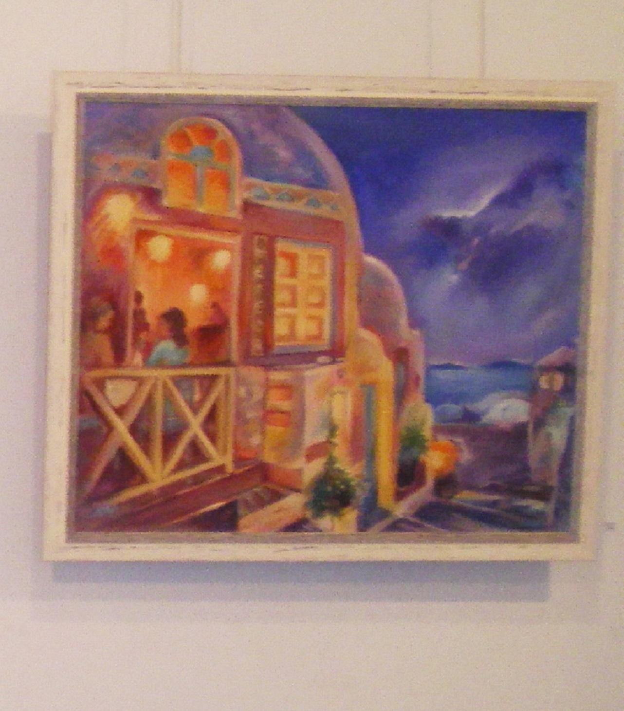 Santorini, Caffe & Bar Meteor - Landschaftsgemälde Blau Weiß Grün Gelb Braun – Painting von Krasimira Mihailova