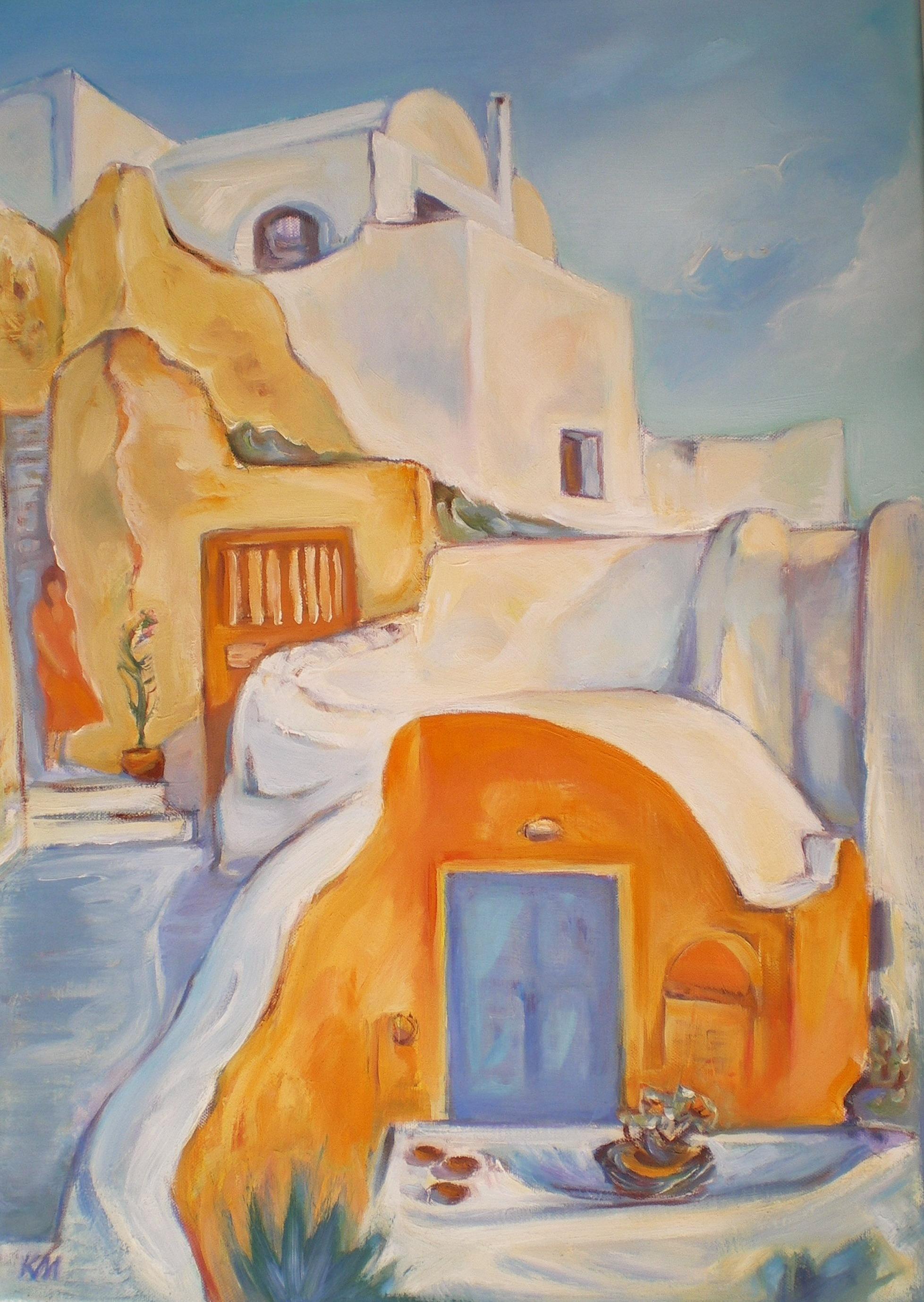 Krasimira Mihailova Landscape Painting – Santorini Exterior - Landschaftsmalerei Blau Weiß Grün Gelb Rot Brown