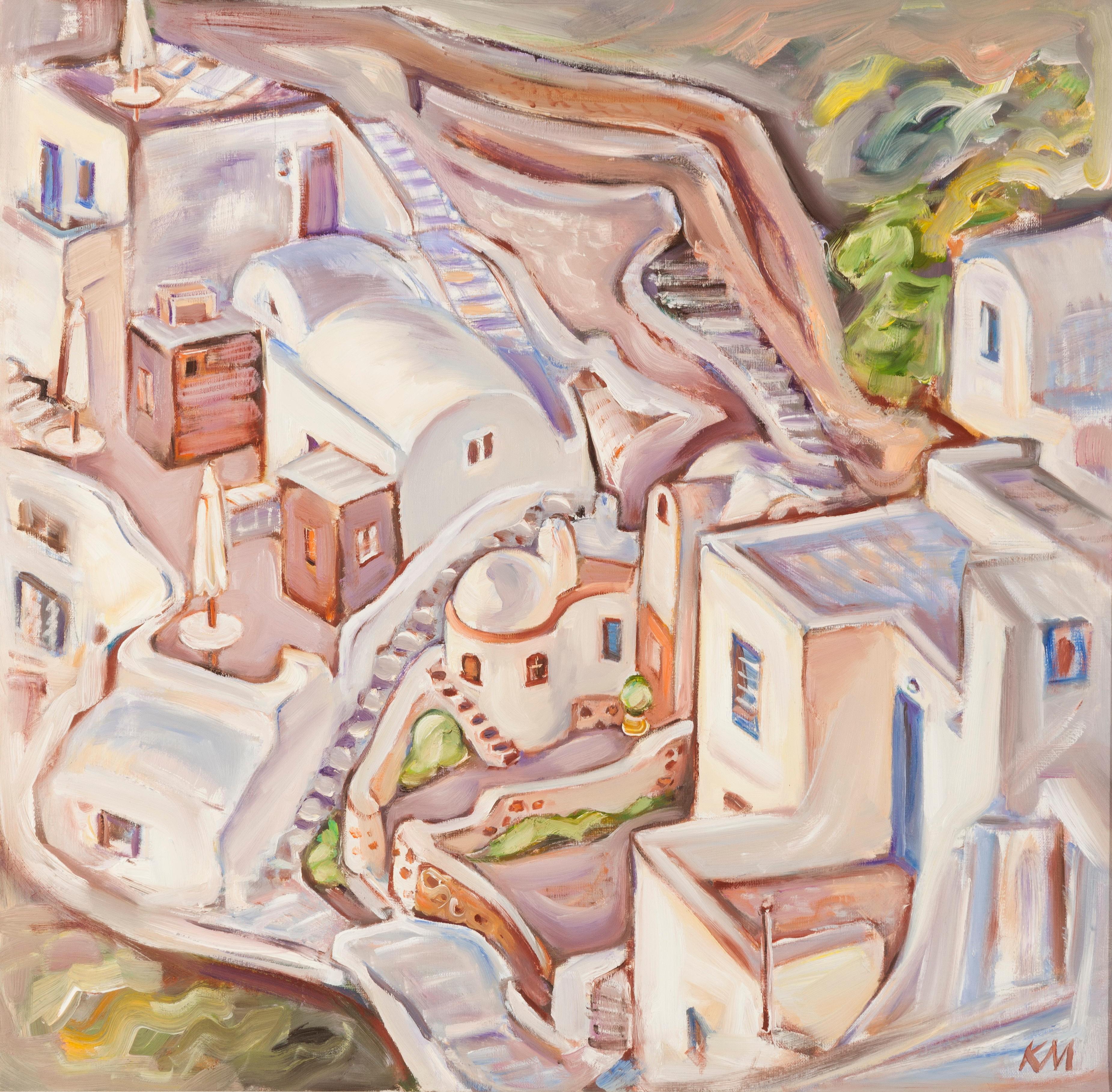 Krasimira Mihailova Landscape Painting – Santorini, im Märchen Ia - Landschaftsmalerei Blau Weiß Grün Gelb