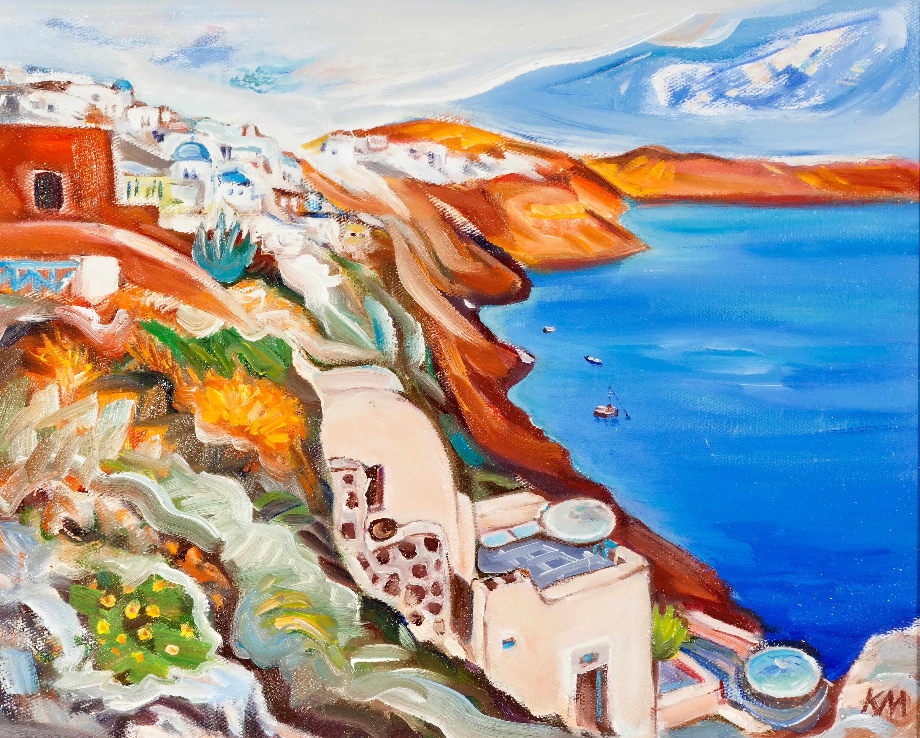 Krasimira Mihailova Landscape Painting – Santorini Landschaft von Ia - Gemälde Blau Weiß Grün Gelb
