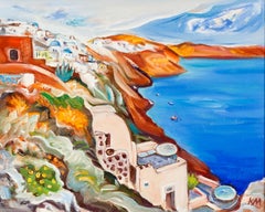 Paysage de Santorini de Ia - Peinture Bleu Blanc Vert Jaune