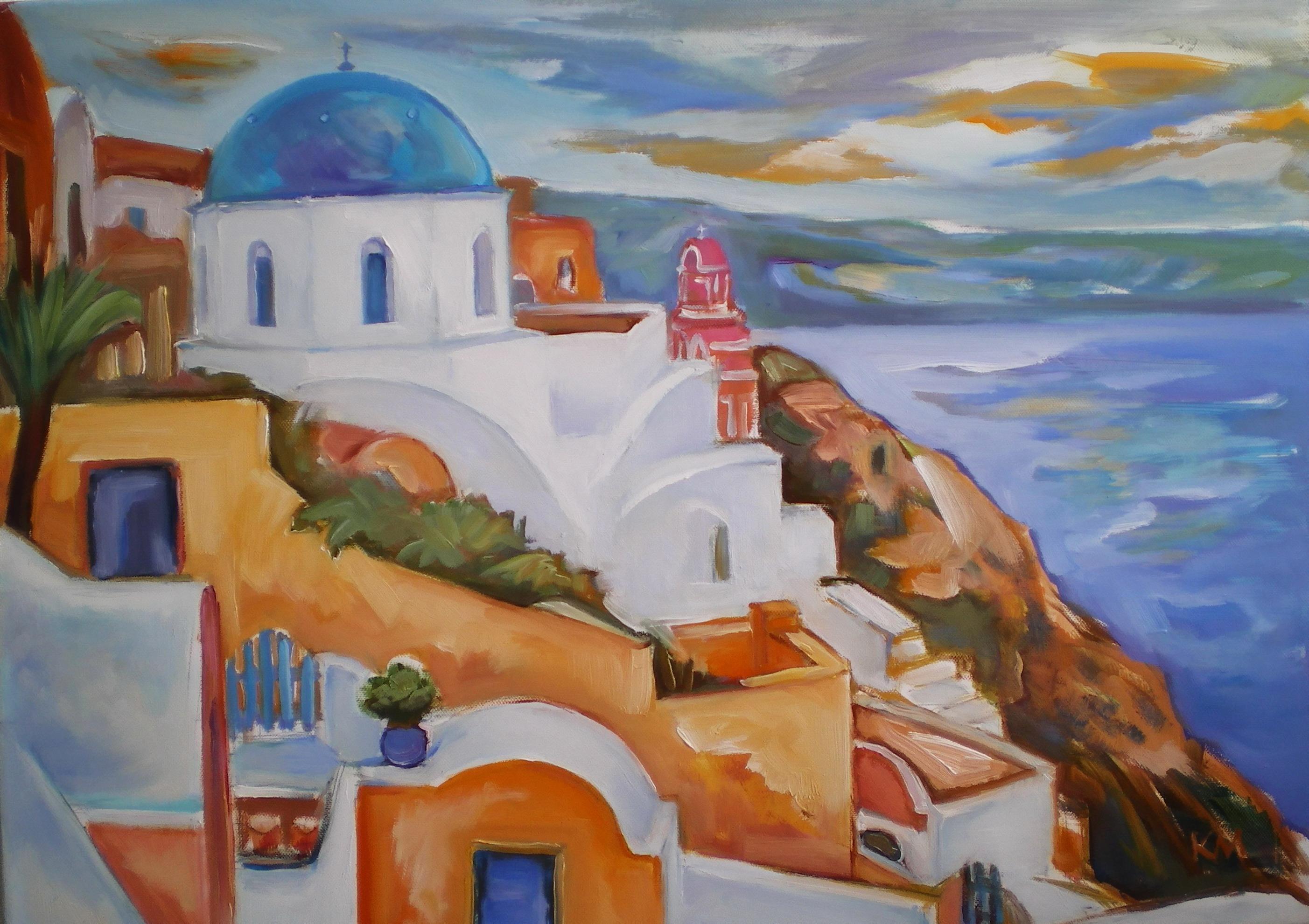 Krasimira Mihailova Landscape Painting - Santorini Landscape - Painting Blue White Green Yellow Red Brown