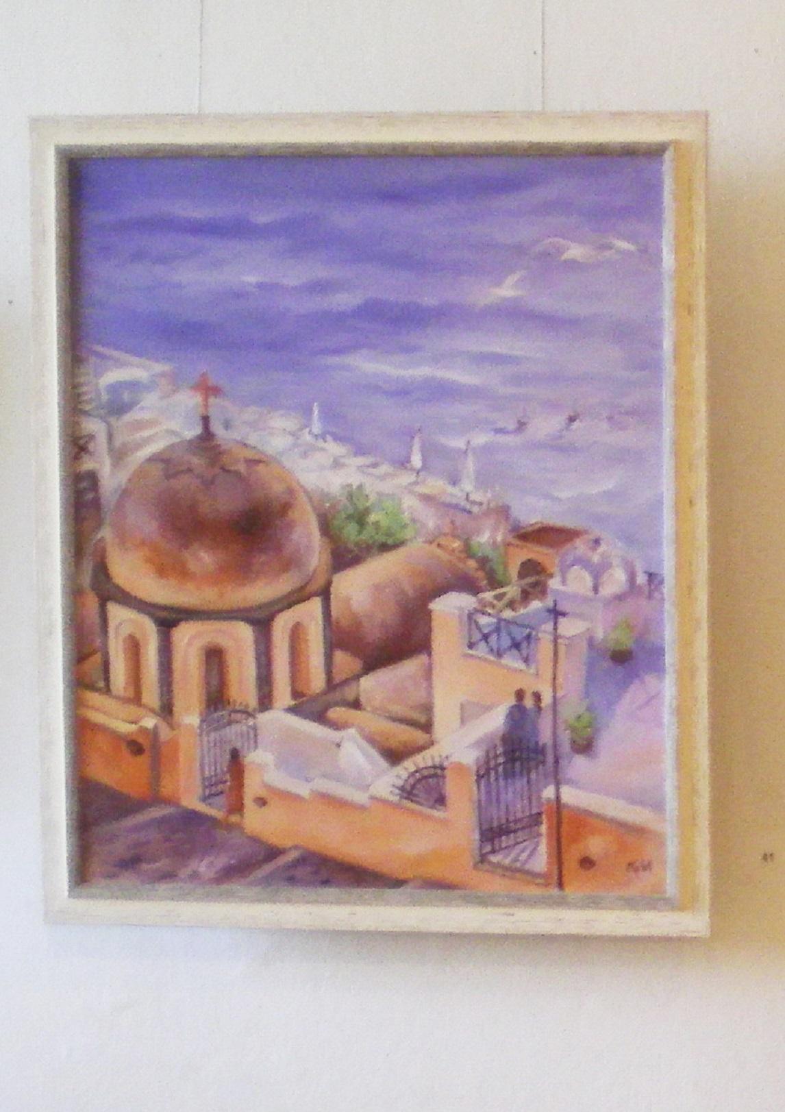 Santorini, Landschaft mit einem Tempel – Painting von Krasimira Mihailova