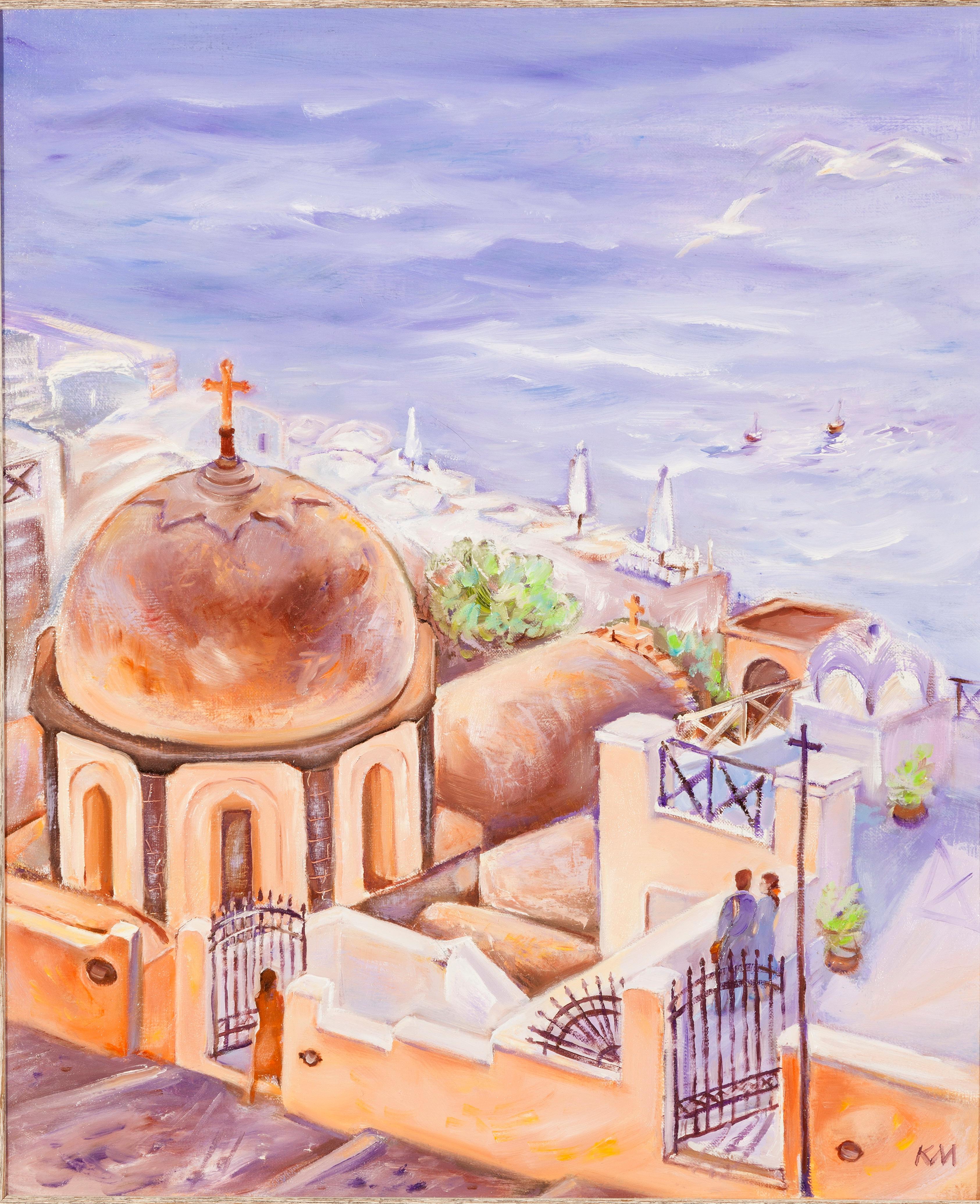 Krasimira Mihailova Landscape Painting – Santorini, Landschaft mit einem Tempel