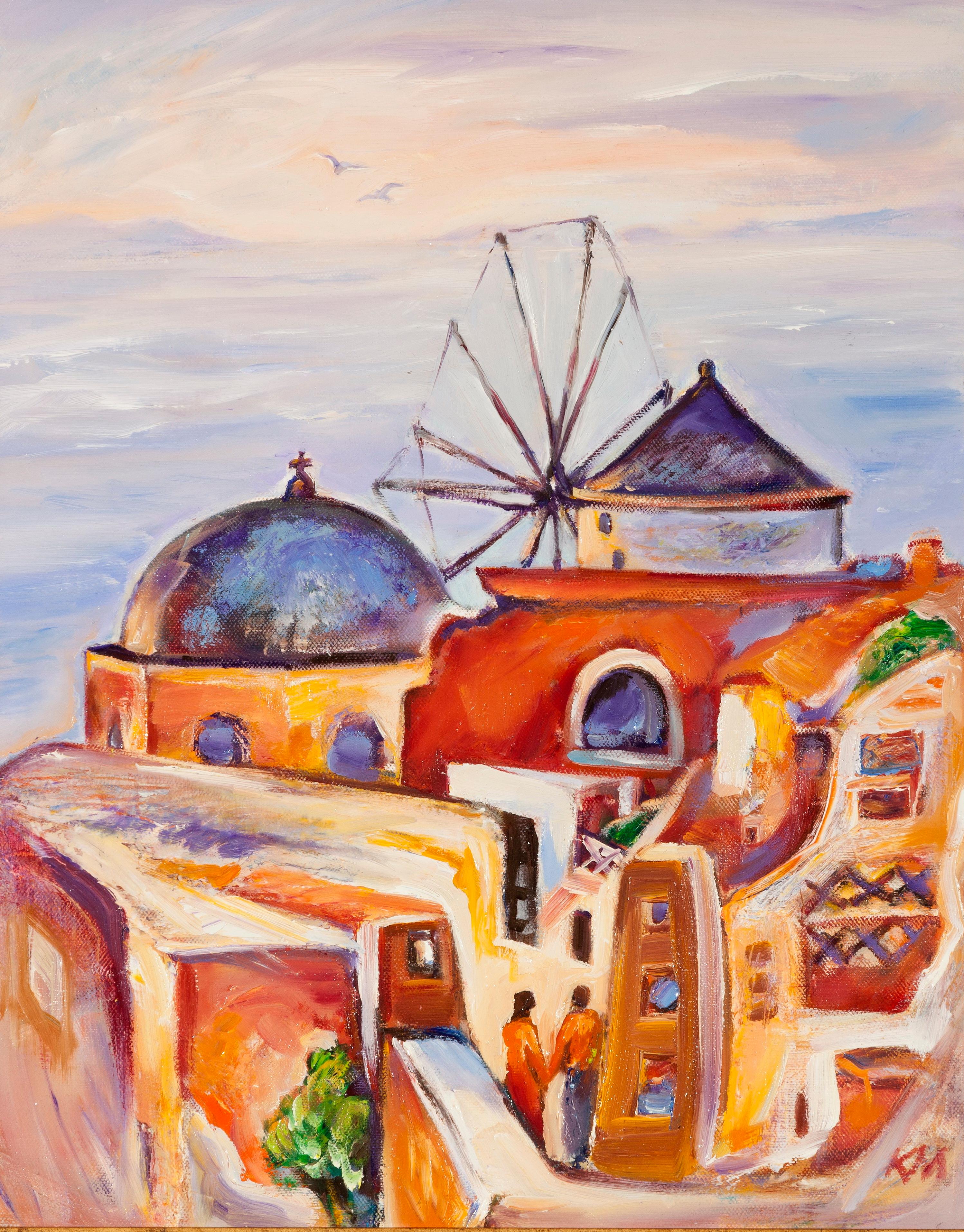 Krasimira Mihailova Landscape Painting - Santorini Late Afternoon in Ia - Painting Blue White Green Yellow Red Brown