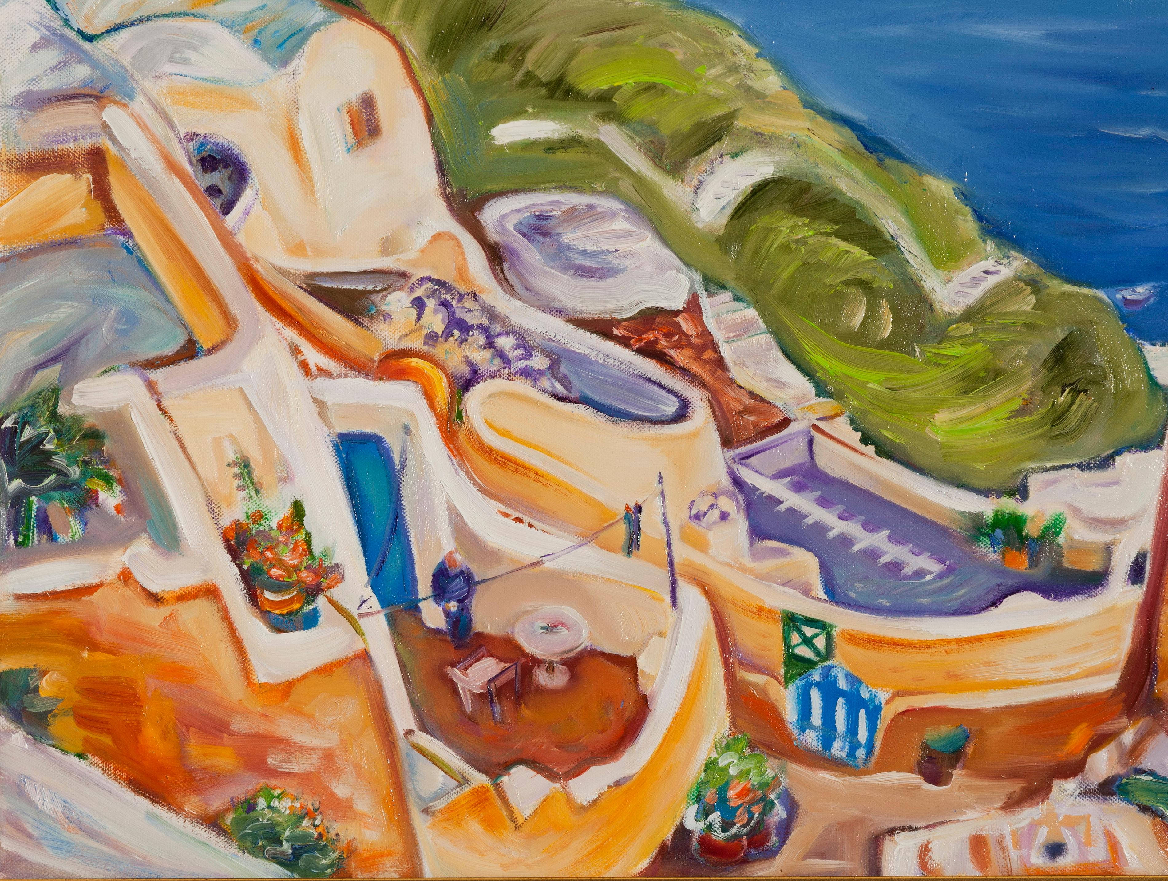 Santorini, live in Ia - Landscape Painting Blue White Green Yellow