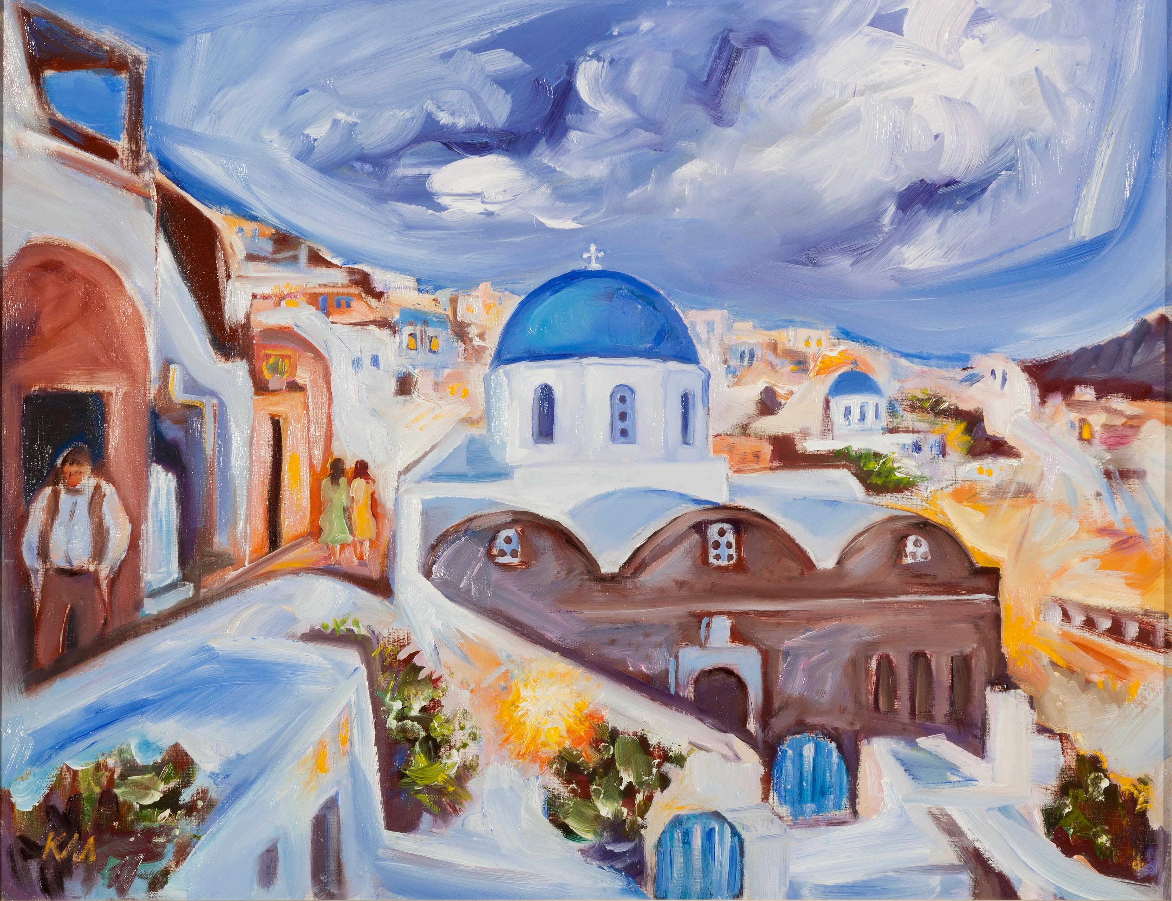 Krasimira Mihailova Landscape Painting – Santorini Nightfall - Landschaftsgemälde Blau Weiß Grün Gelb Rot Braun