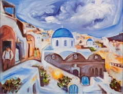 Santorini Nightfall - Landscape Painting Blue White Green Yellow Red Brown