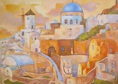 Santorini Sunset - Landscape Painting Blue White Green Yellow Red Brown
