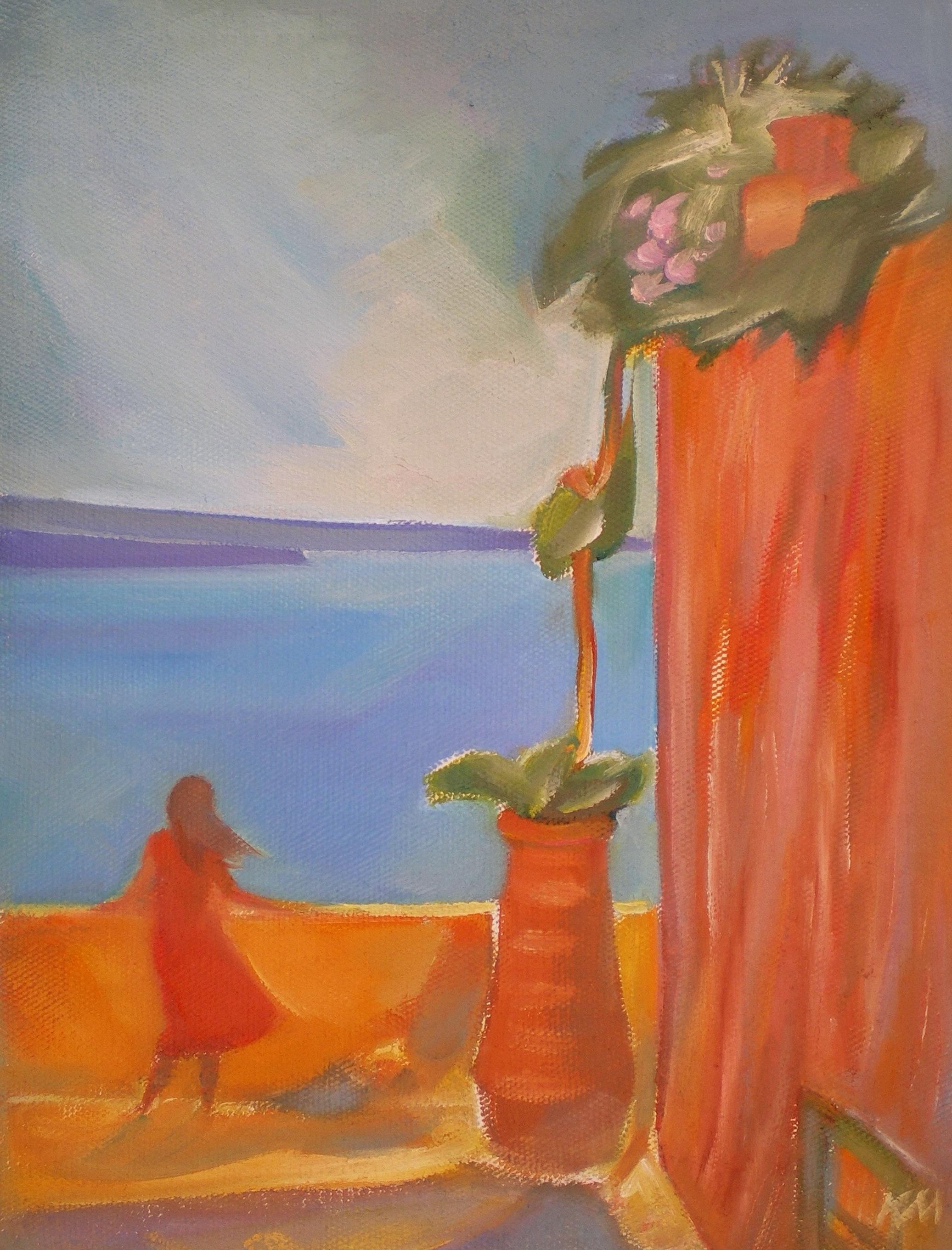 Krasimira Mihailova Landscape Painting – Santorini, die rote Wand - Gemälde Blau Weiß Grün Gelb Rot Braun