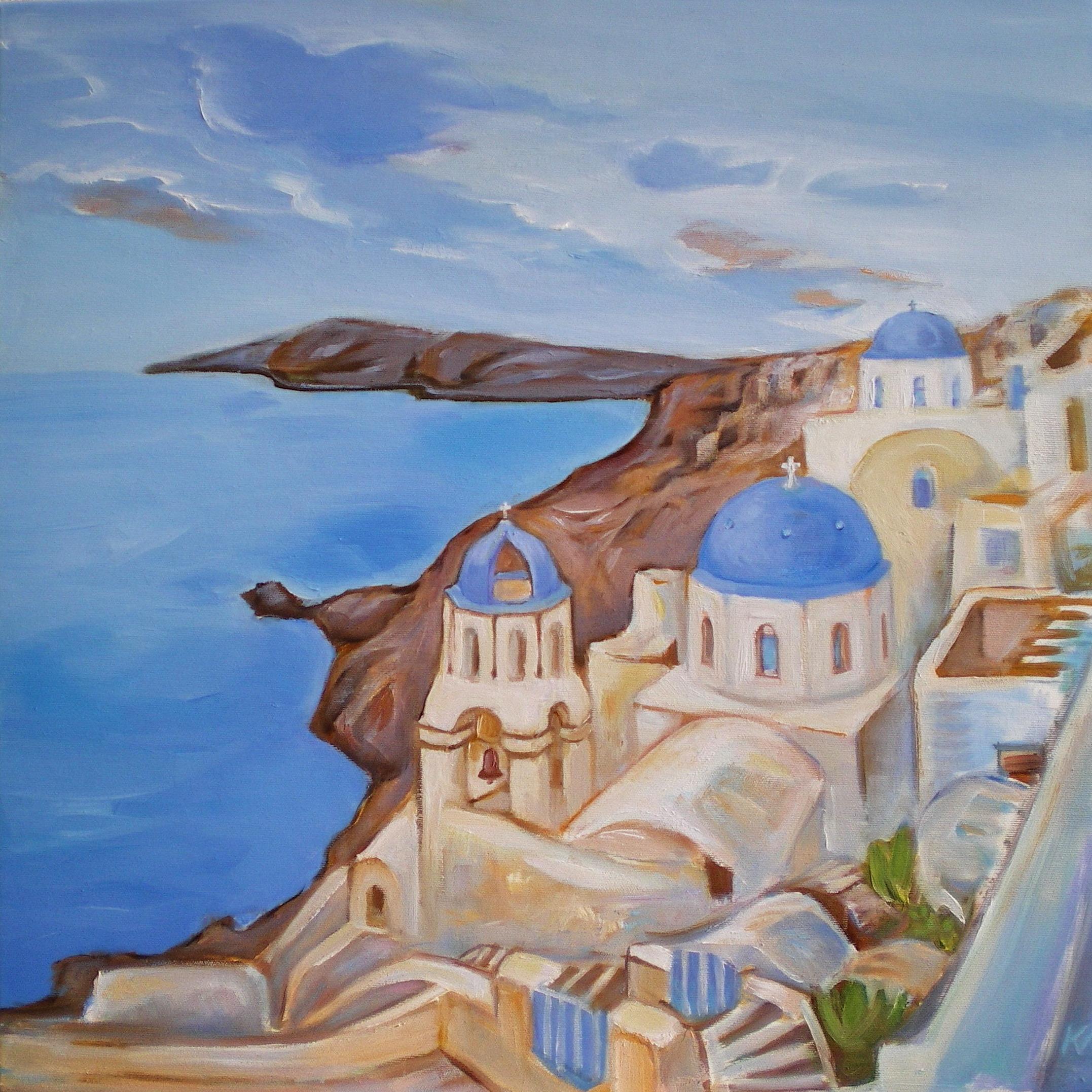 Krasimira Mihailova Landscape Painting – Santorini Timeless - Landschaftsgemälde Blau Weiß Grün Rot Braun
