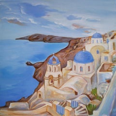 Santorini Timeless - Peinture de paysage Bleu Blanc Vert Rouge Brown