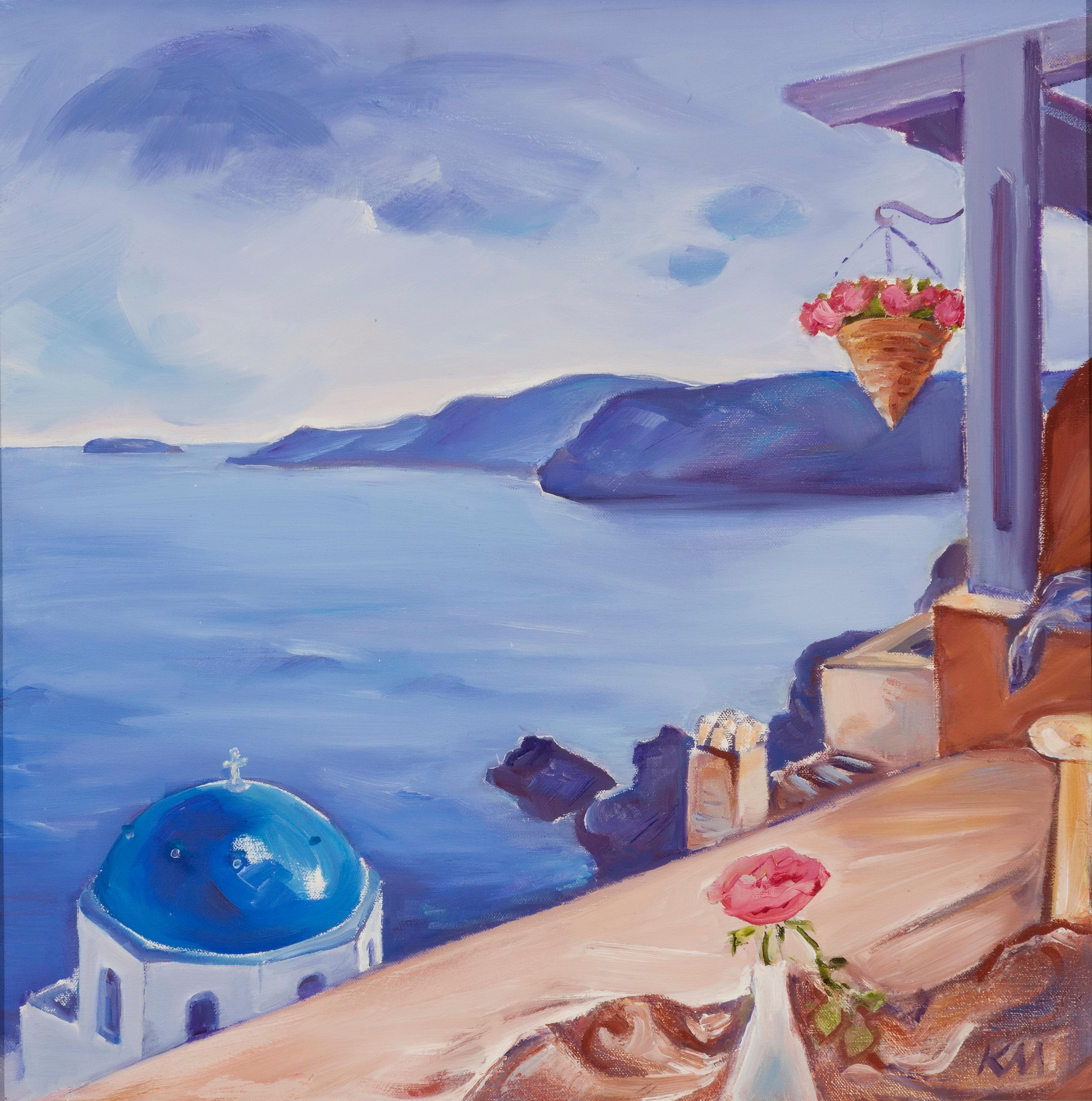 Krasimira Mihailova Landscape Painting – Santorin. Blick von der Café-Bar Tera  Malerei Blau Weiß Grün Gelb