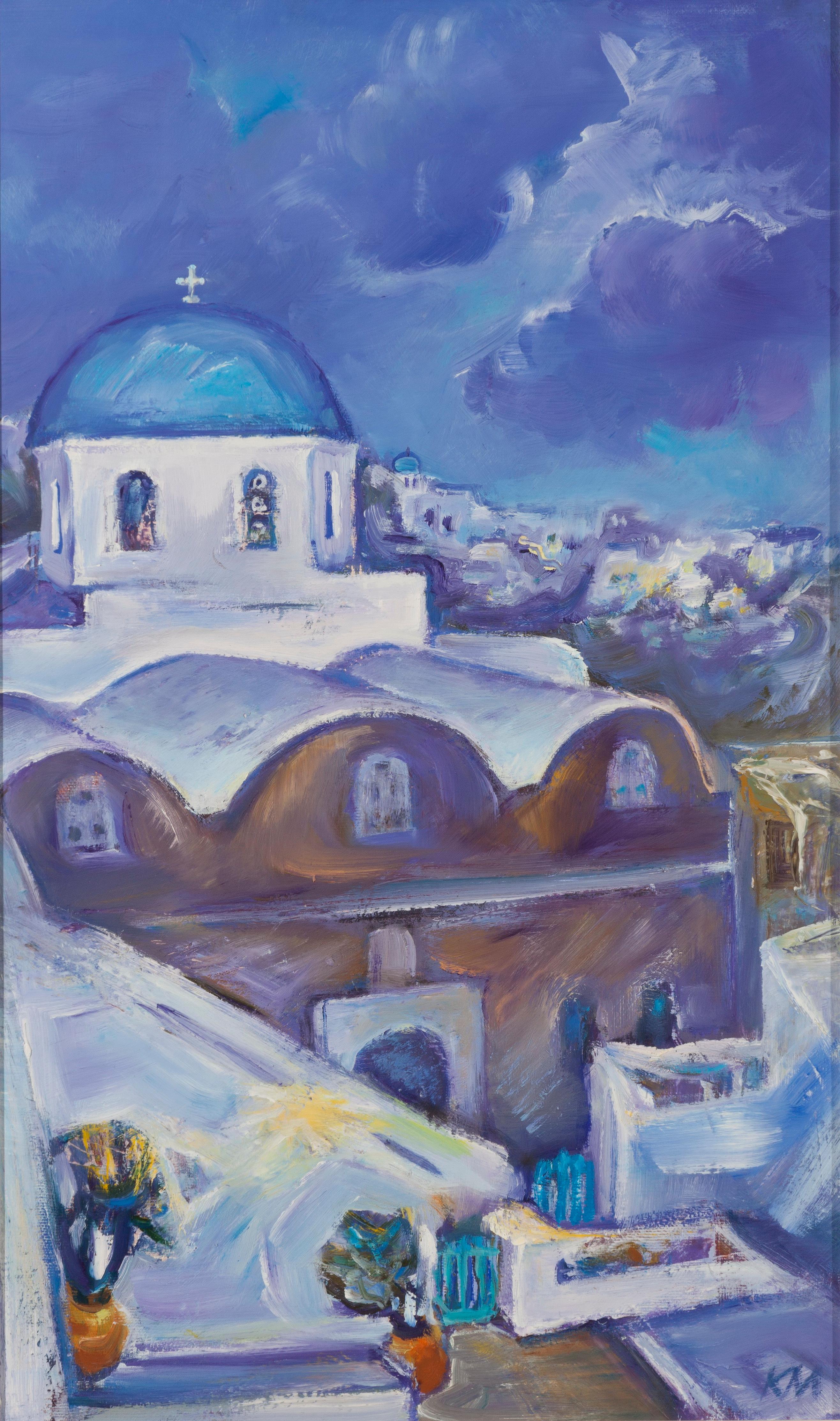 Krasimira Mihailova Landscape Painting – Santorin,  Violett Dämmerung - Landschaftsgemälde Blau Weiß Grün Gelb