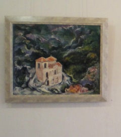 Spirito e Materia, la Fortezza di Asen - Pittura di paesaggio Blu Bianco Verde Giallo